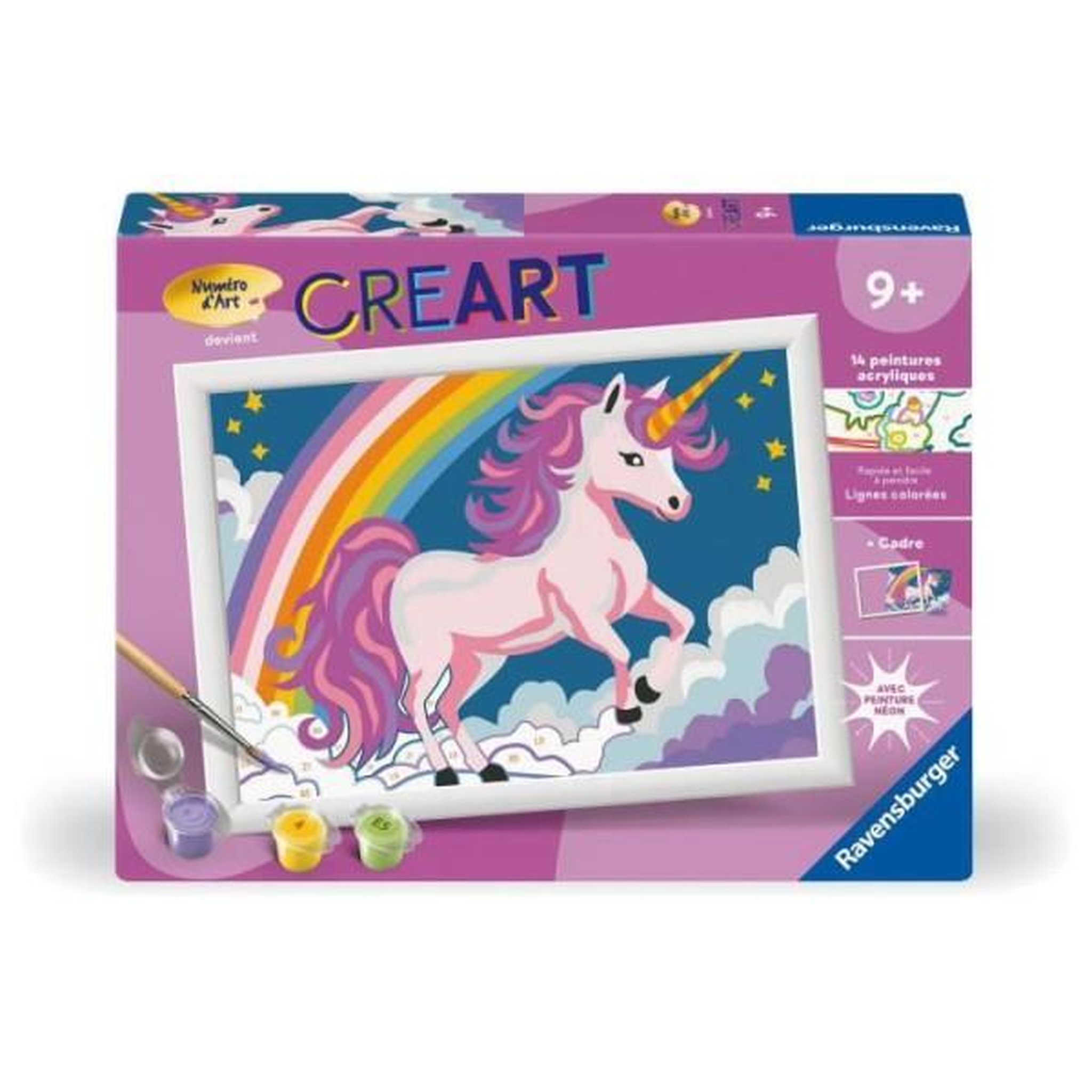 RAVENSBURGER CreArt Kids 18x24cm Licorne Néon, Kit de peinture par numéros Numéro d'Art, Des 7 ans, 25904, Ravensburger
