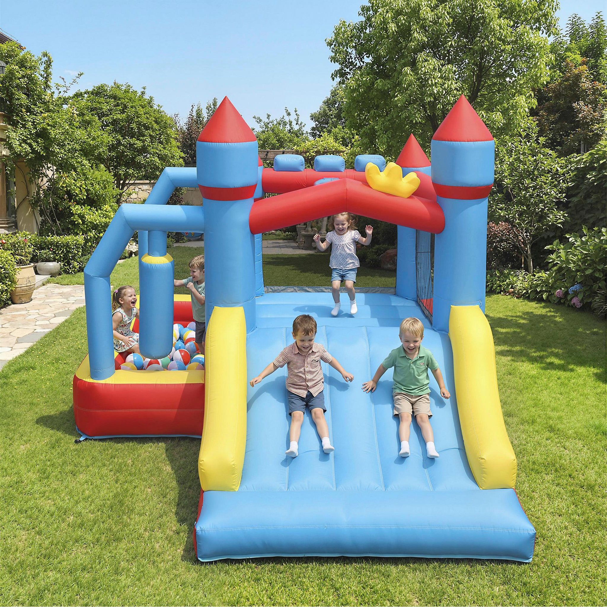 Voir la diapositive 2 : HOMCOM Château gonflable 5 en 1 piscine toboggan trampoline panier de basket sac de frappe