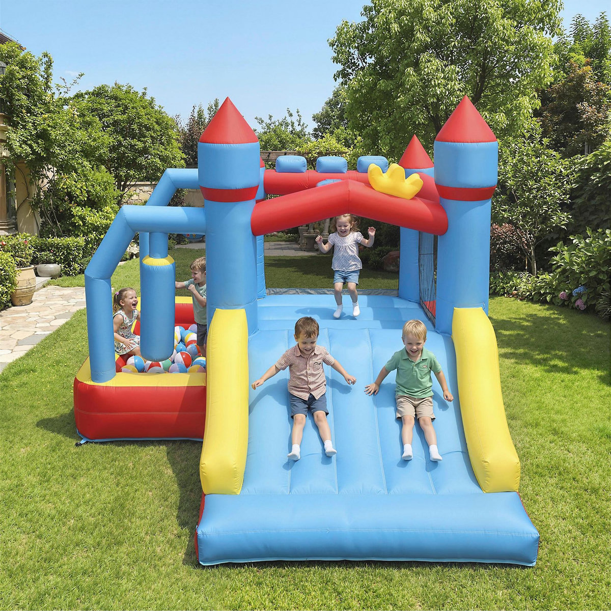 HOMCOM Château gonflable 5 en 1 piscine toboggan trampoline panier de basket sac de frappe