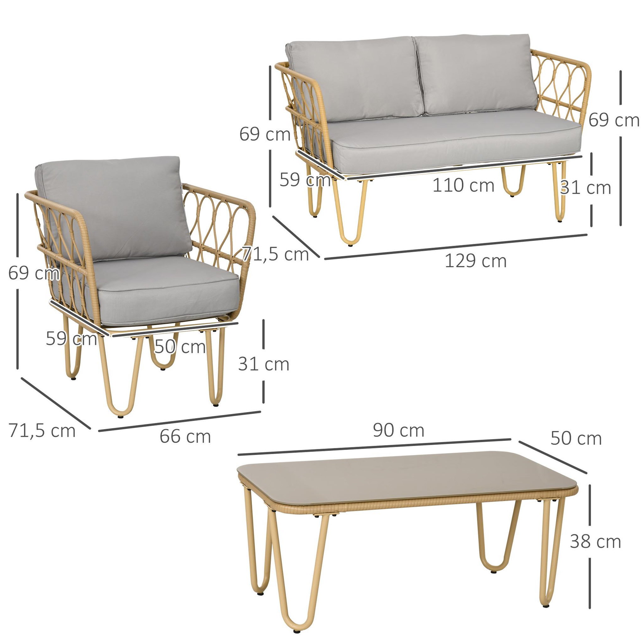 Voir la diapositive 3 : OUTSUNNY Salon de jardin 4 places 4 pièces style colonial résine tressée aspect rotin coussins gris