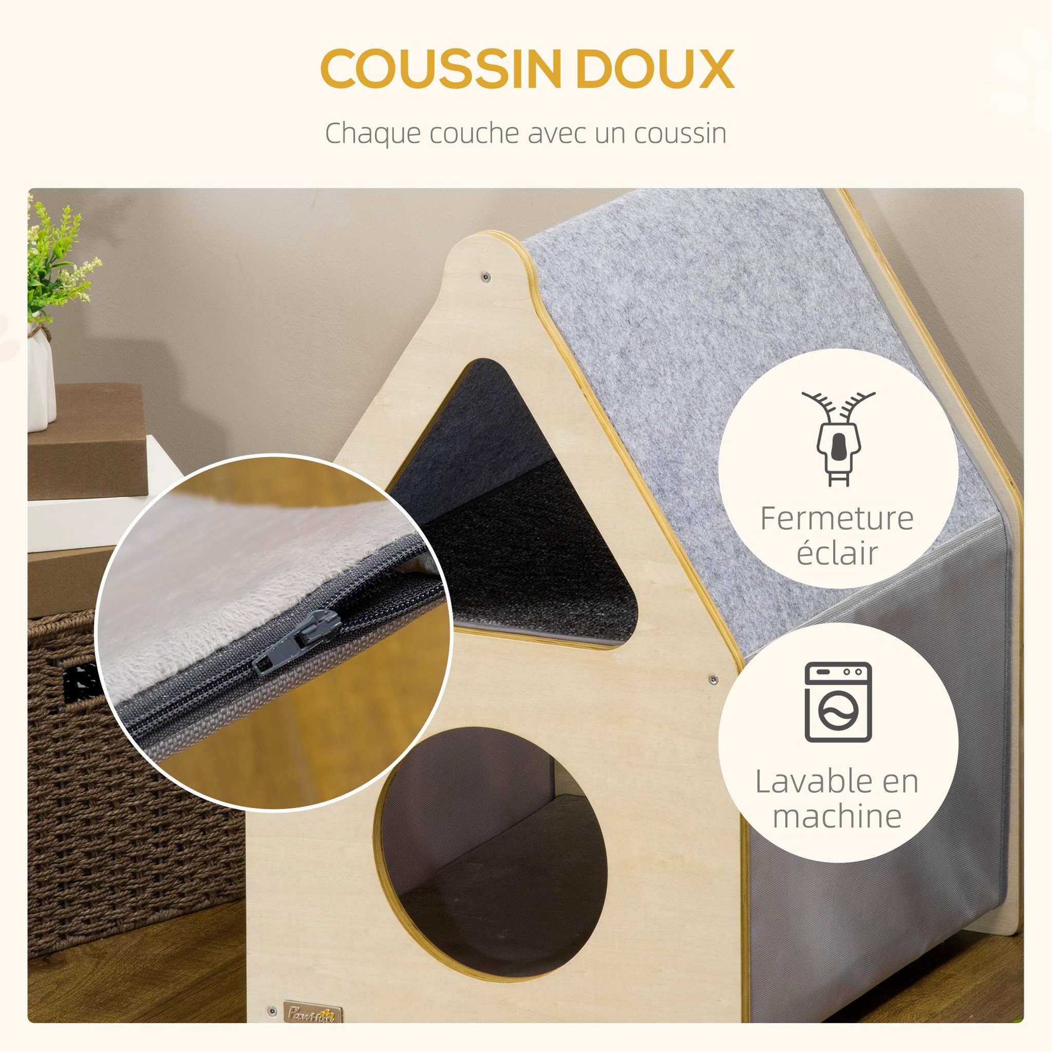 Voir la diapositive 5 : PAWHUT Maison pour chat design maisonnette - niche chat panier chat - 2 coussins amovibles, 2 niv. - panneaux aspect bois clair polyester gris