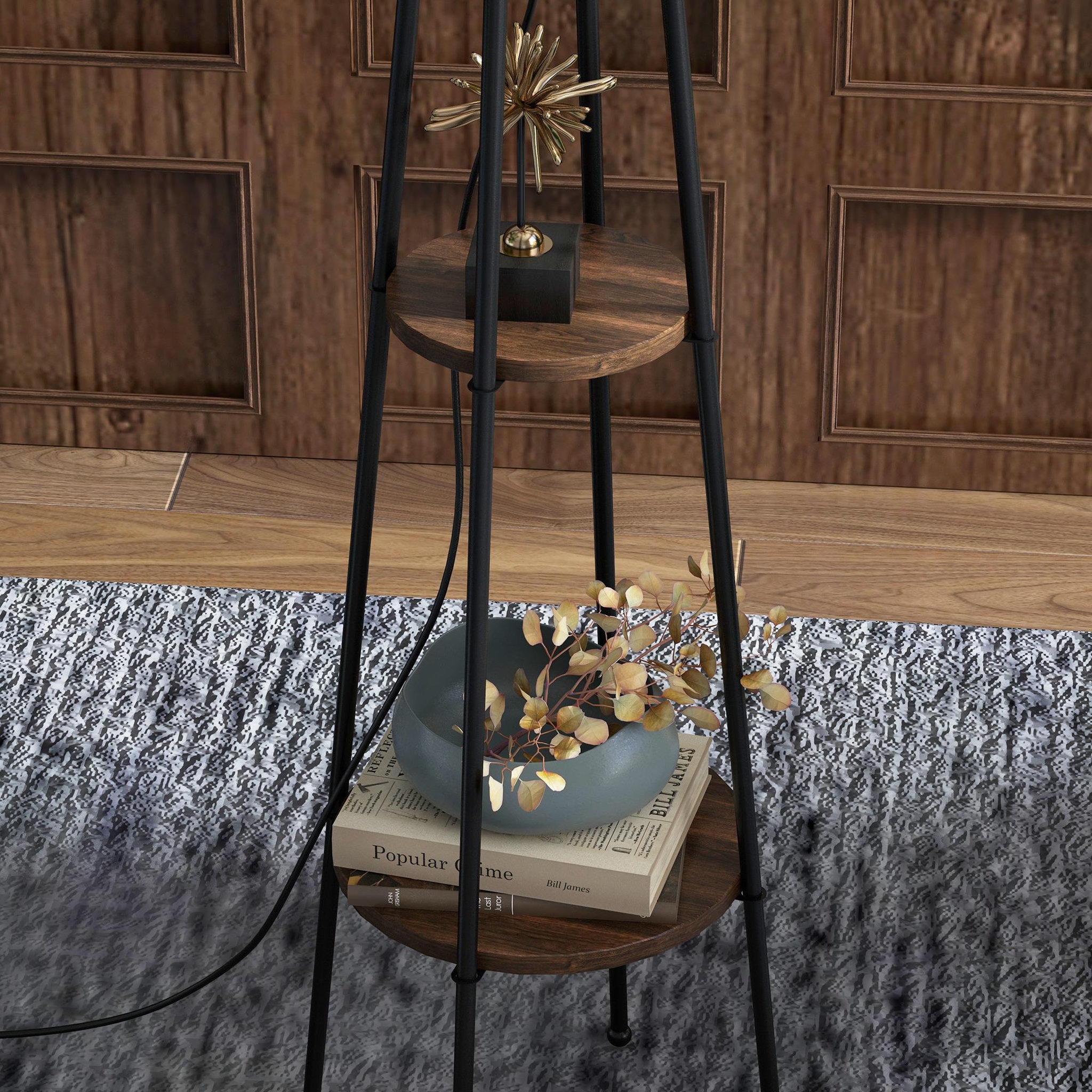 Voir la diapositive 4 : HOMCOM Lampadaire design contemporain 2 étagères intégrées 40 w 166h cm métal noir mdf aspect bois de noyer tissu beige