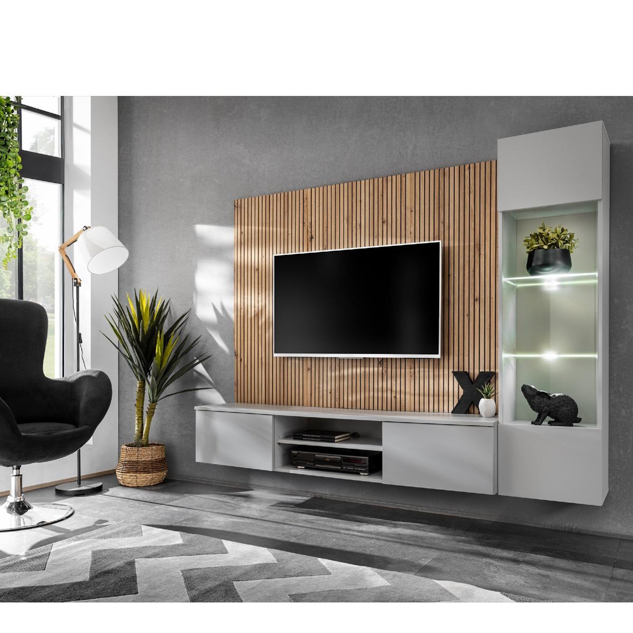 Voir la diapositive 2 : JLC KREATION Ensemble meuble tv mural suspendu bois et gris genes