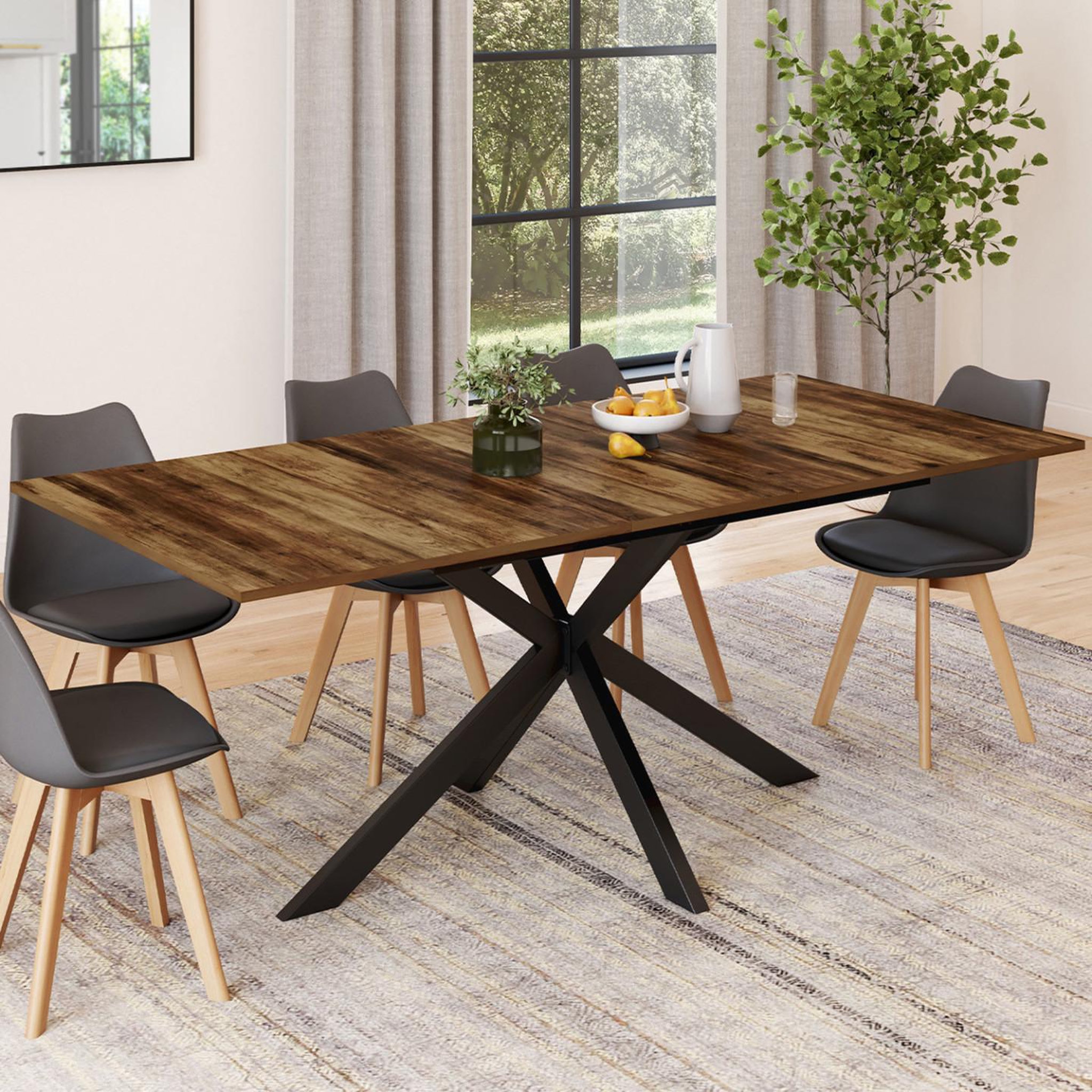 Voir la diapositive 2 : ID MARKET Table à manger extensible rectangle ALIX 6-10 personnes pied araignée noir et noyer finition bois foncé HAWKINS 160-200 cm