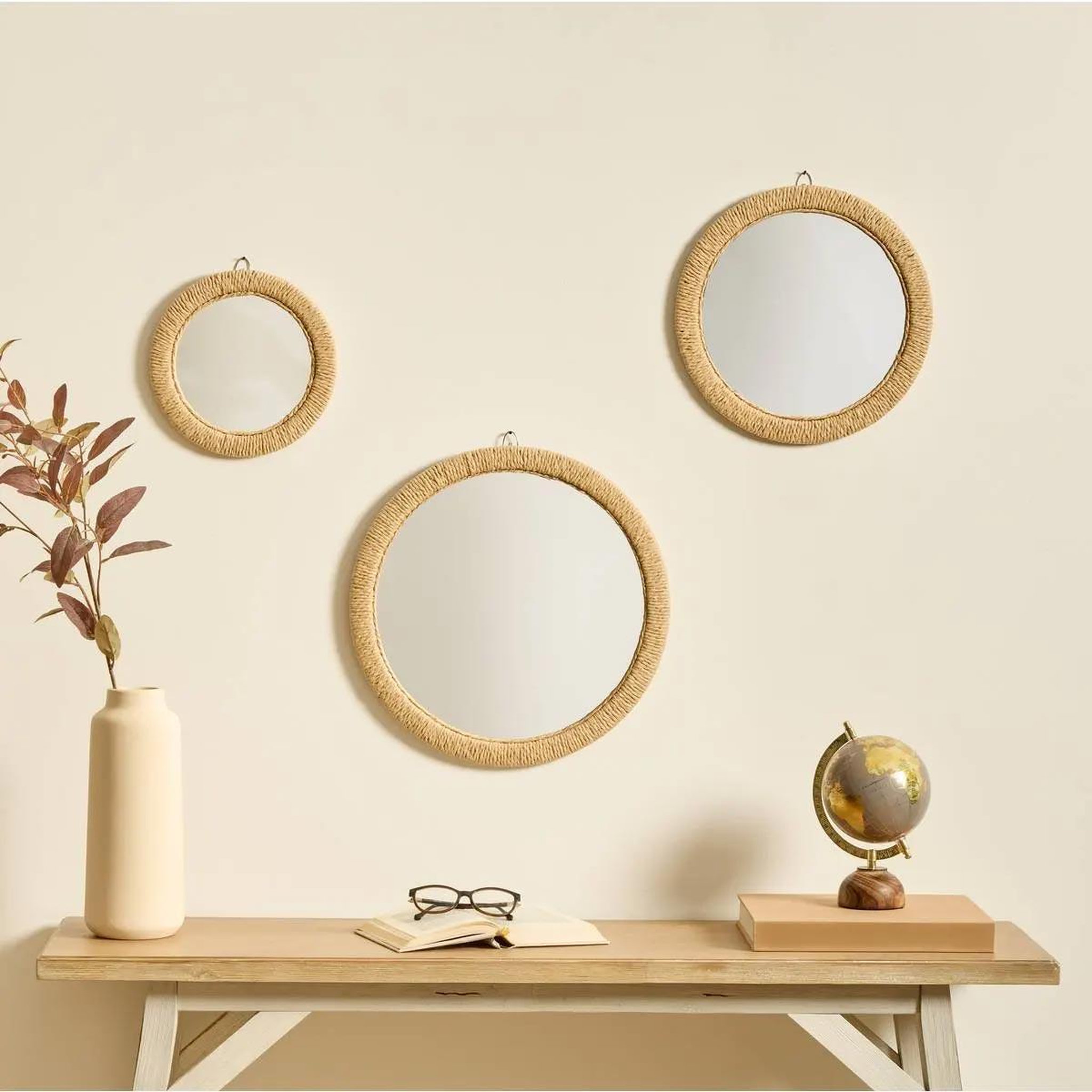 Voir la diapositive 3 : ATMOSPHERA Lot de 3 miroirs ronds  tilia  40cm naturel