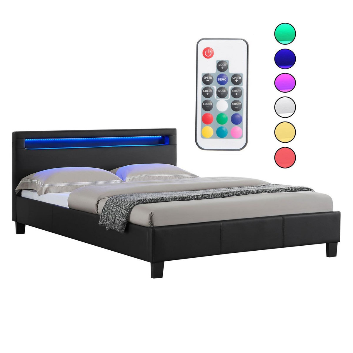 IDIMEX Lit LED double PINOT 140x190 cm, avec sommier, revêtement synthétique