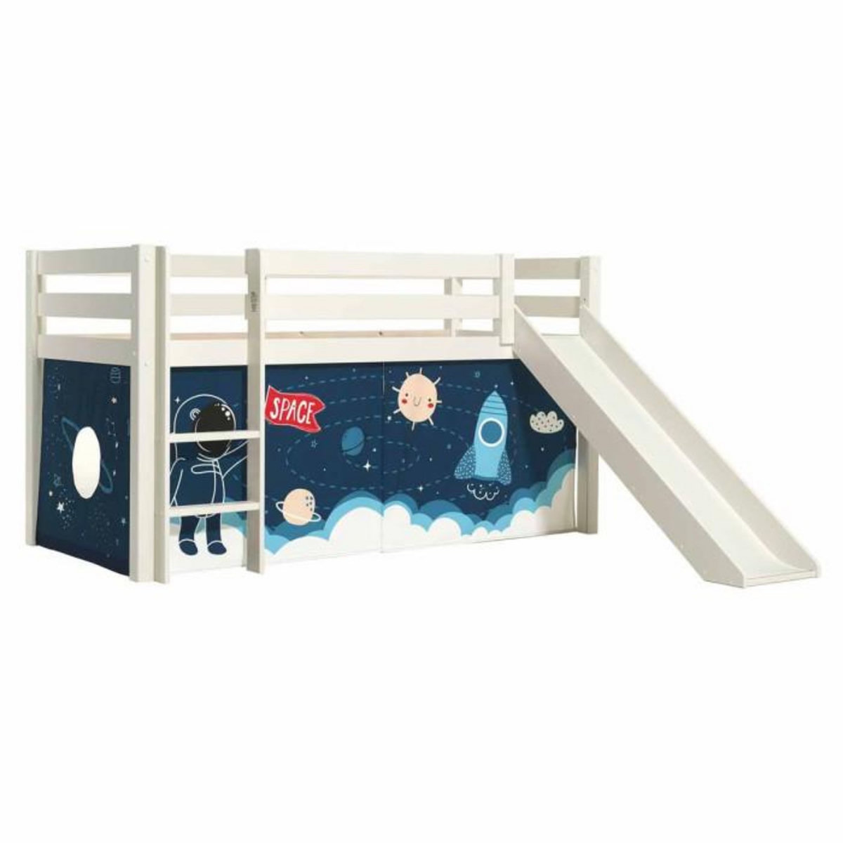 Paris Prix Lit Enfant Surélevé Avec Toboggan  Pino Space Shuttle  90x200cm Blanc