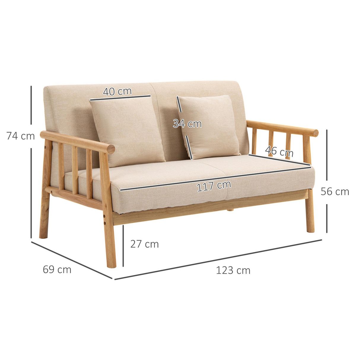 HOMCOM Canapé lounge 2 places - 2 coussins inclus - assise profonde - accoudoirs - structure bois hévéa - aspect lin beige