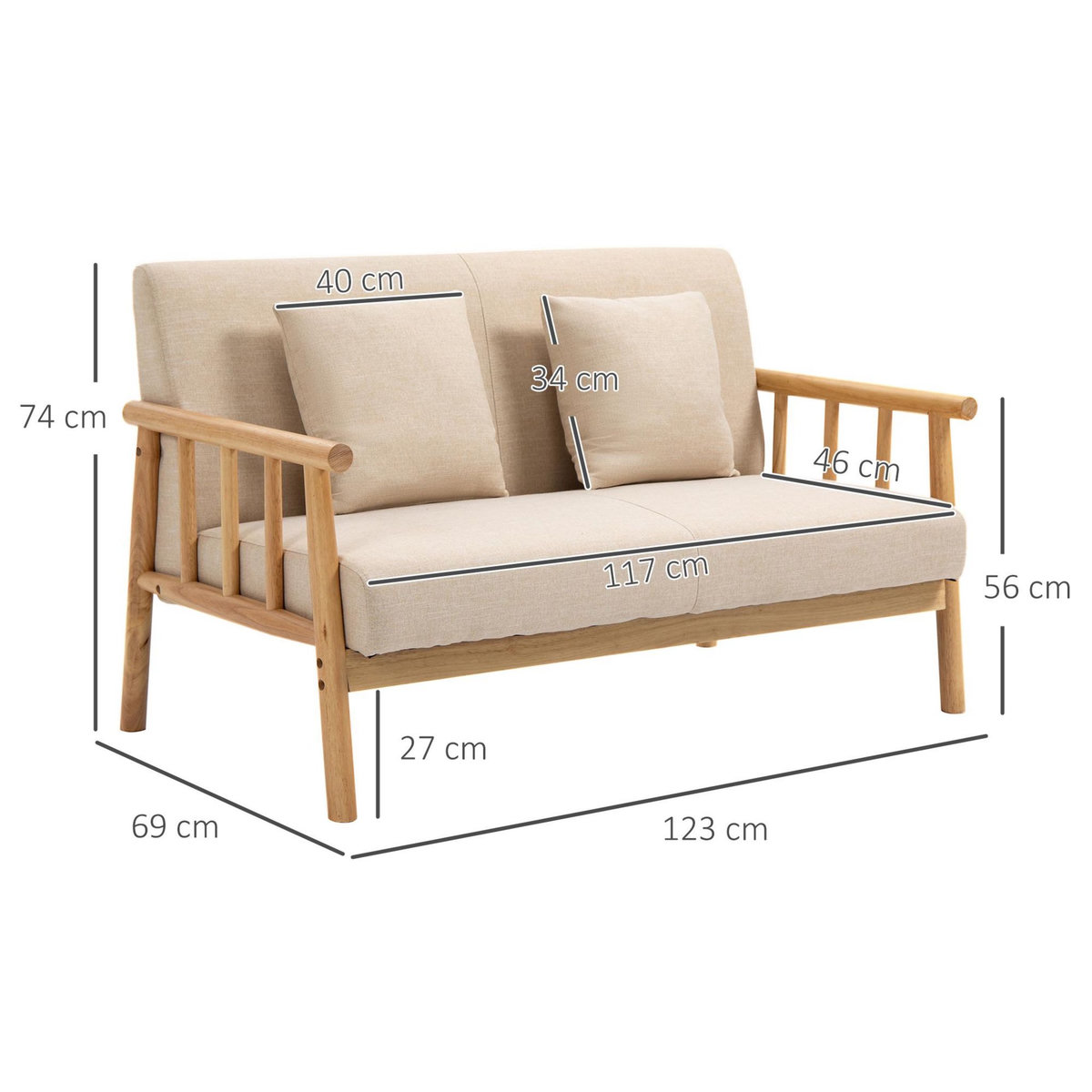 HOMCOM Canapé lounge 2 places - 2 coussins inclus - assise profonde - accoudoirs - structure bois hévéa - aspect lin beige