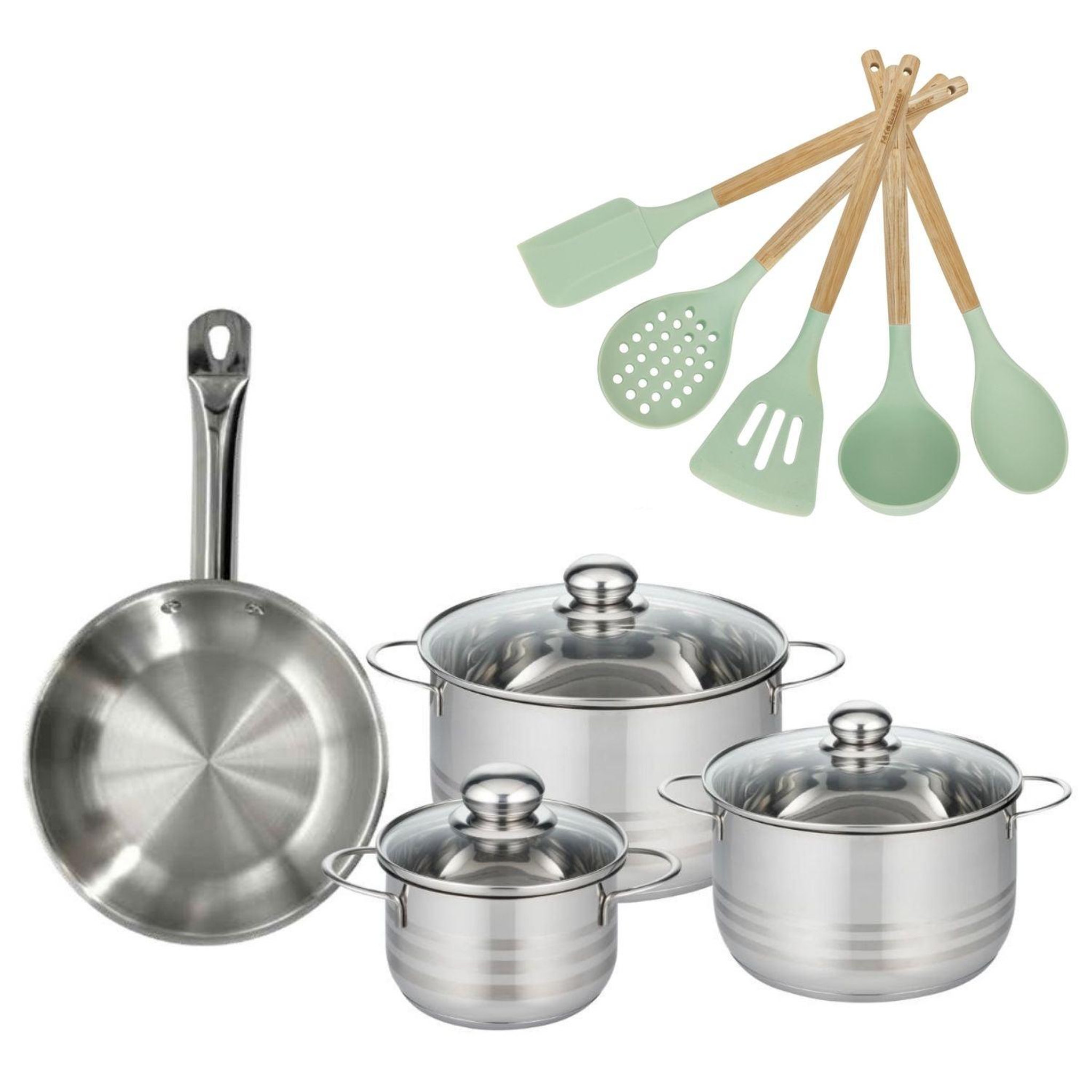 Fackelmann Batterie de cuisine avec 3 faitouts 16/20/24 cm et 1 poêle 24 cm avec 5 ustensiles de cuisine fackelmann etherna brillant fenix océan