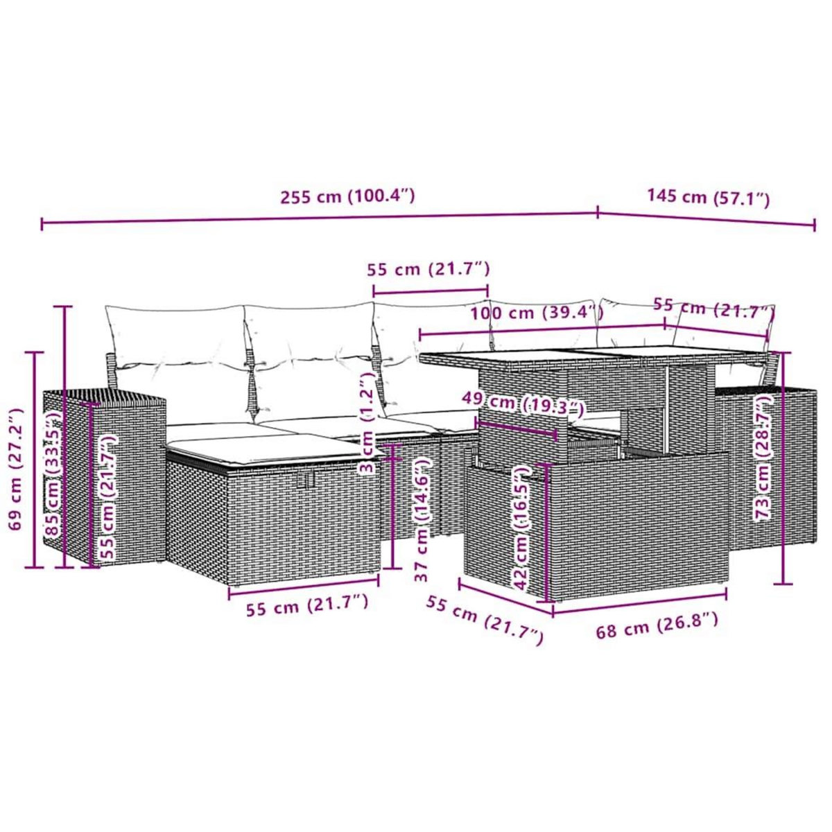 VIDAXL Salon de jardin avec coussins 7 pcs marron resine tressee
