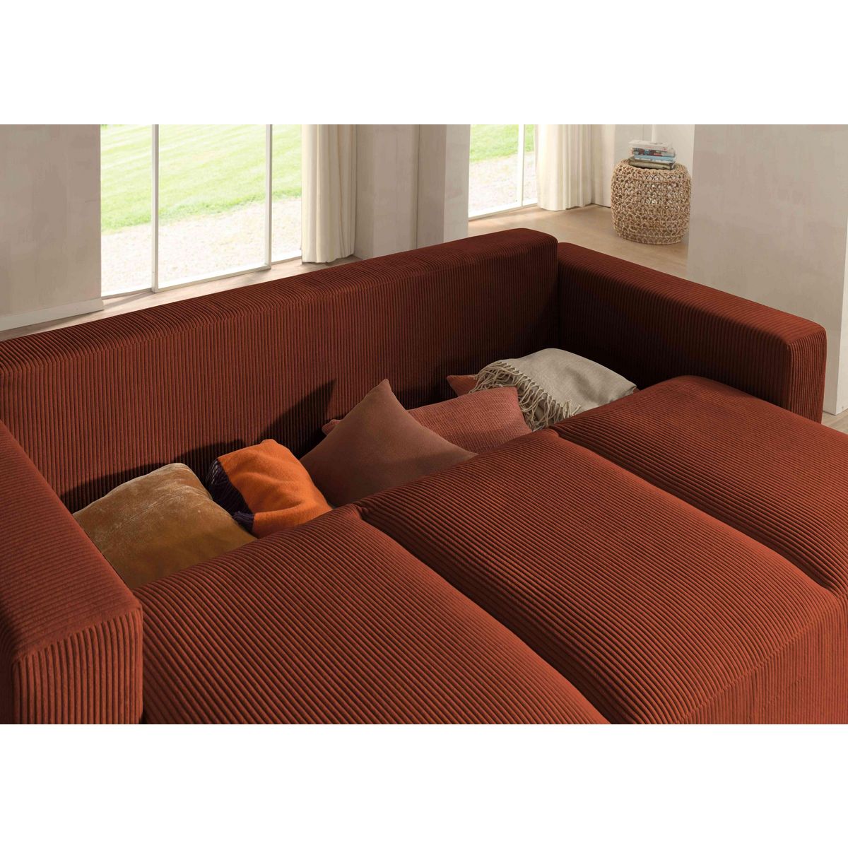 LISA DESIGN Livy - canapé droit convertible - avec coffre - en velours côtelé - 3 places