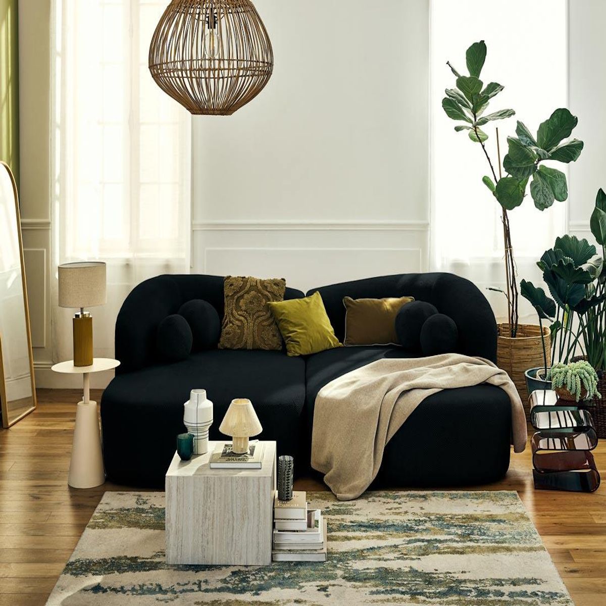 LISA DESIGN Charles - canapé droit 4 places avec double méridienne - assise profonde - en velours texturé