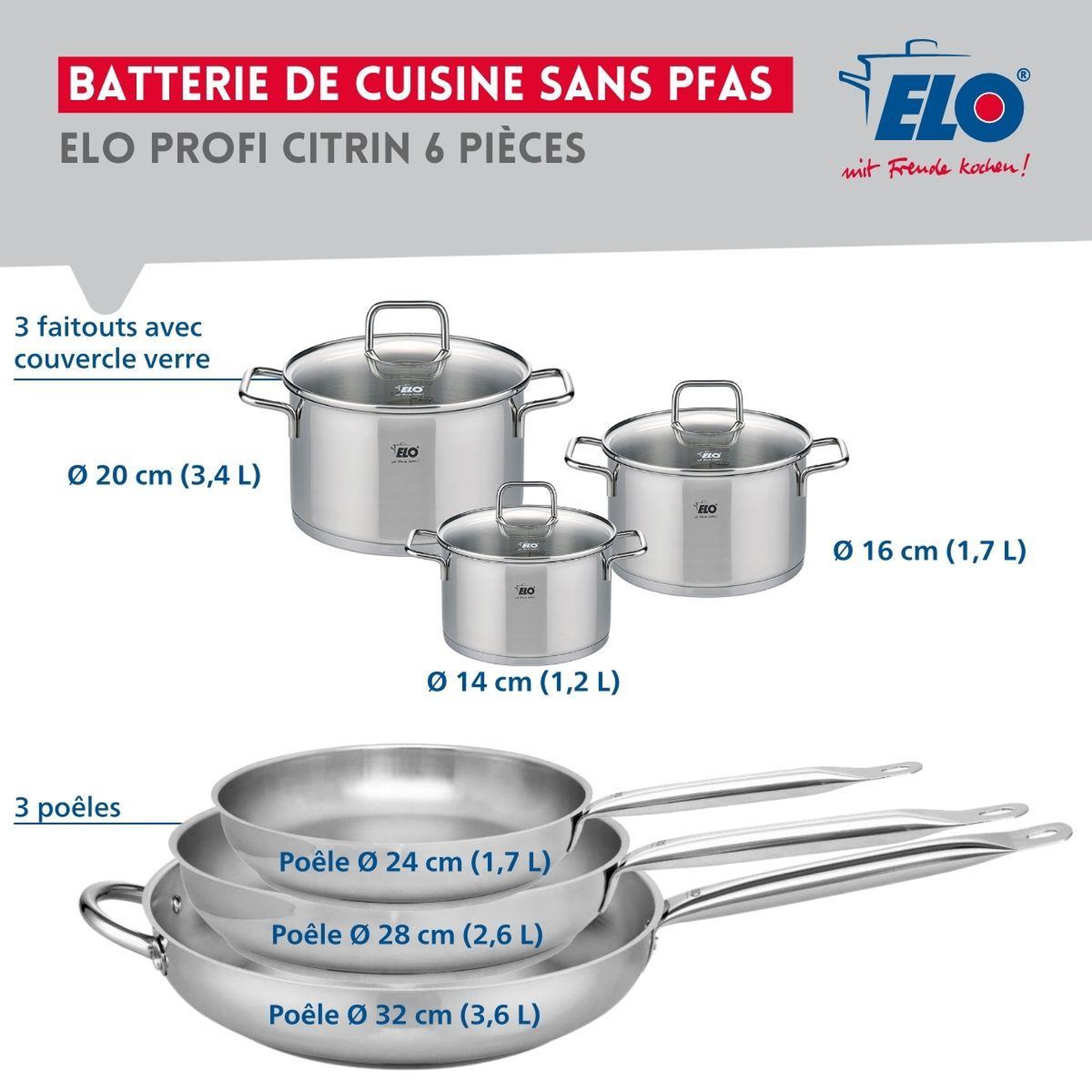 Voir la diapositive 2 : ELO Ensemble de 3 poêles de cuisson 24, 28 et 32 cm et 3 faitouts 14, 16 et 20 cm elo profi citrin