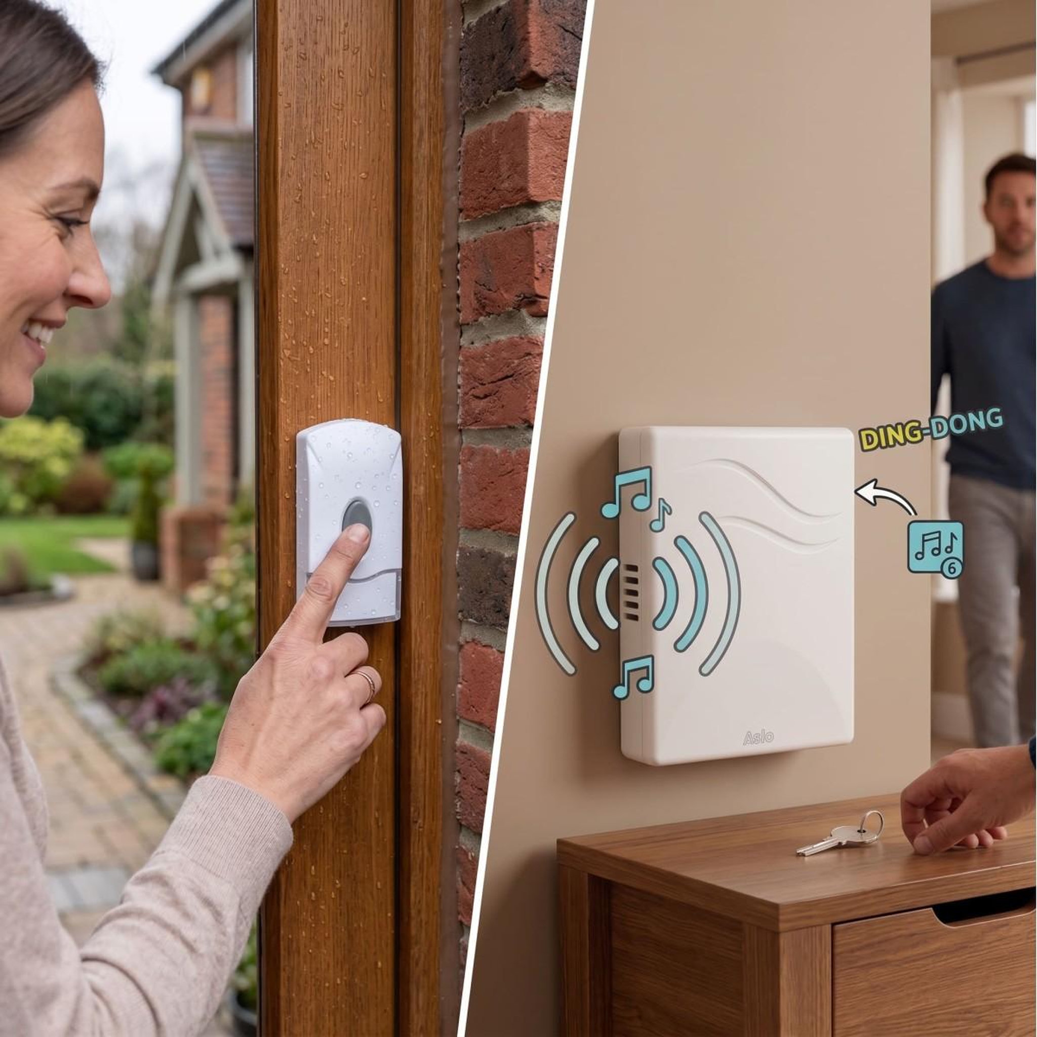 Voir la diapositive 3 : ASLO Sonnette sans fil etanche portée 100m 80db blanche carillon portable 16 mélodies bouton-poussoir intérieur extérieur aslo