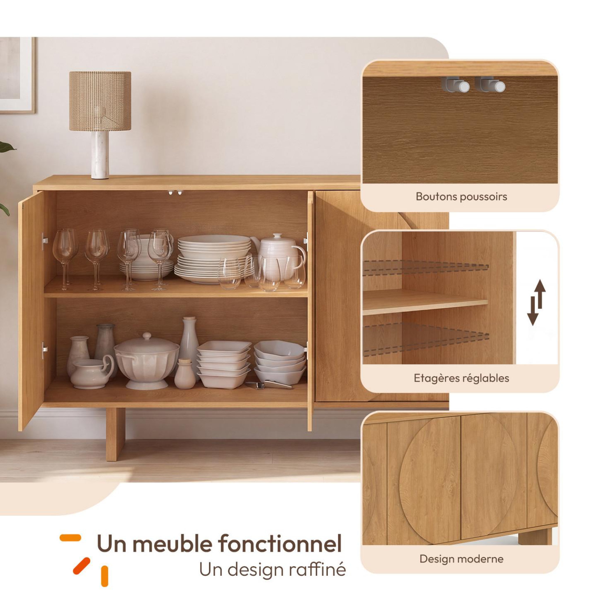 Voir la diapositive 3 : ID MARKET Buffet 160 cm ARVIN 4 portes avec reliefs arrondis bois clair
