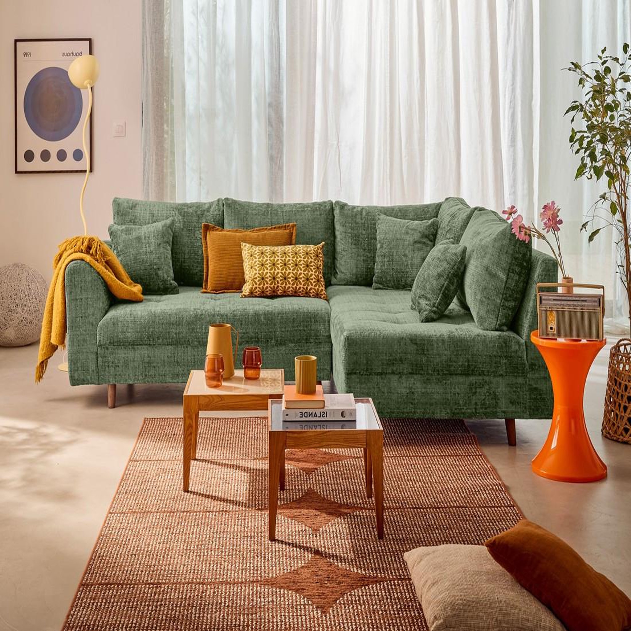LISA DESIGN Rune - canapé d'angle droit 4 places en velours texturé. Coloris disponibles : Bleu, Beige, Vert, Violet, Orange, Gris