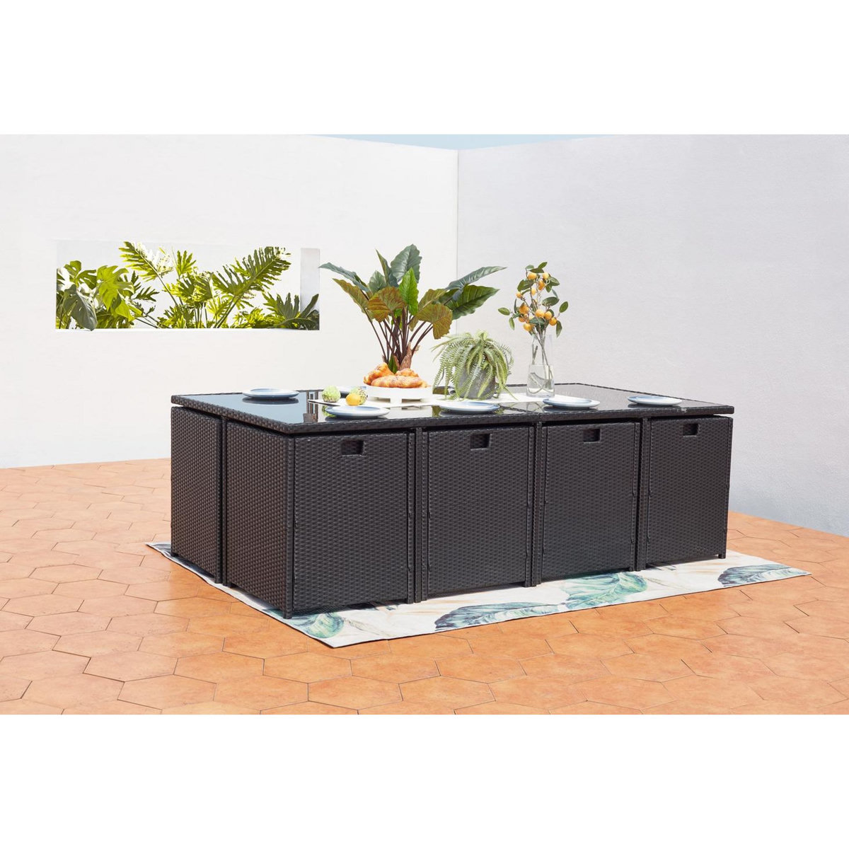 CONCEPT USINE Table et chaises 12 places encastrables en résine noir-noir MIAMI