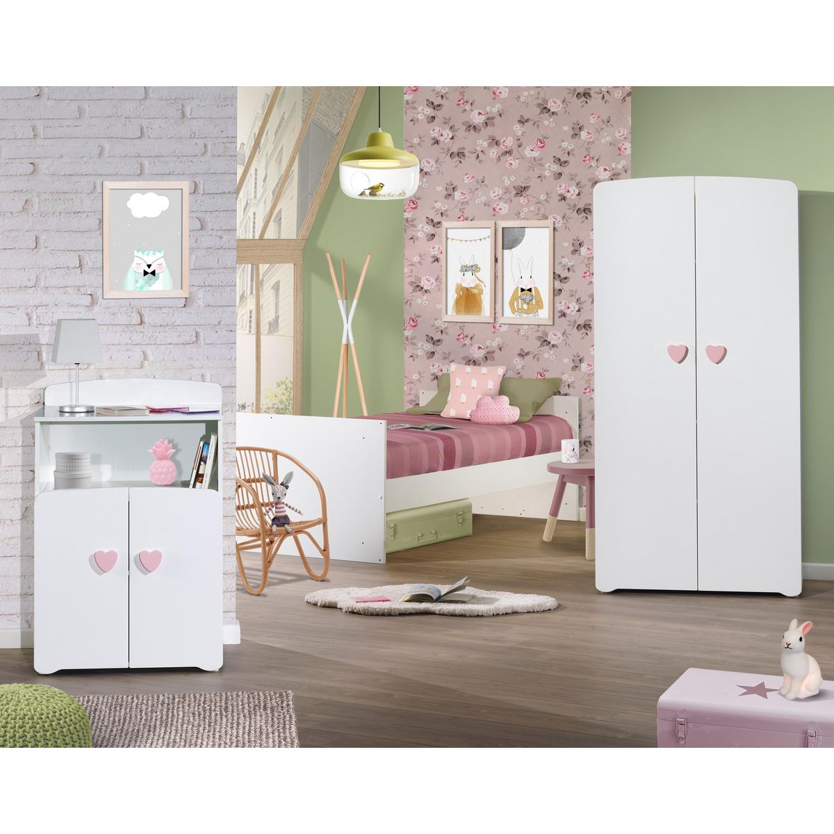 BABY PRICE Armoire chambre bébé 2 portes NEW BASIC Boutons C&oelig;ur Rose