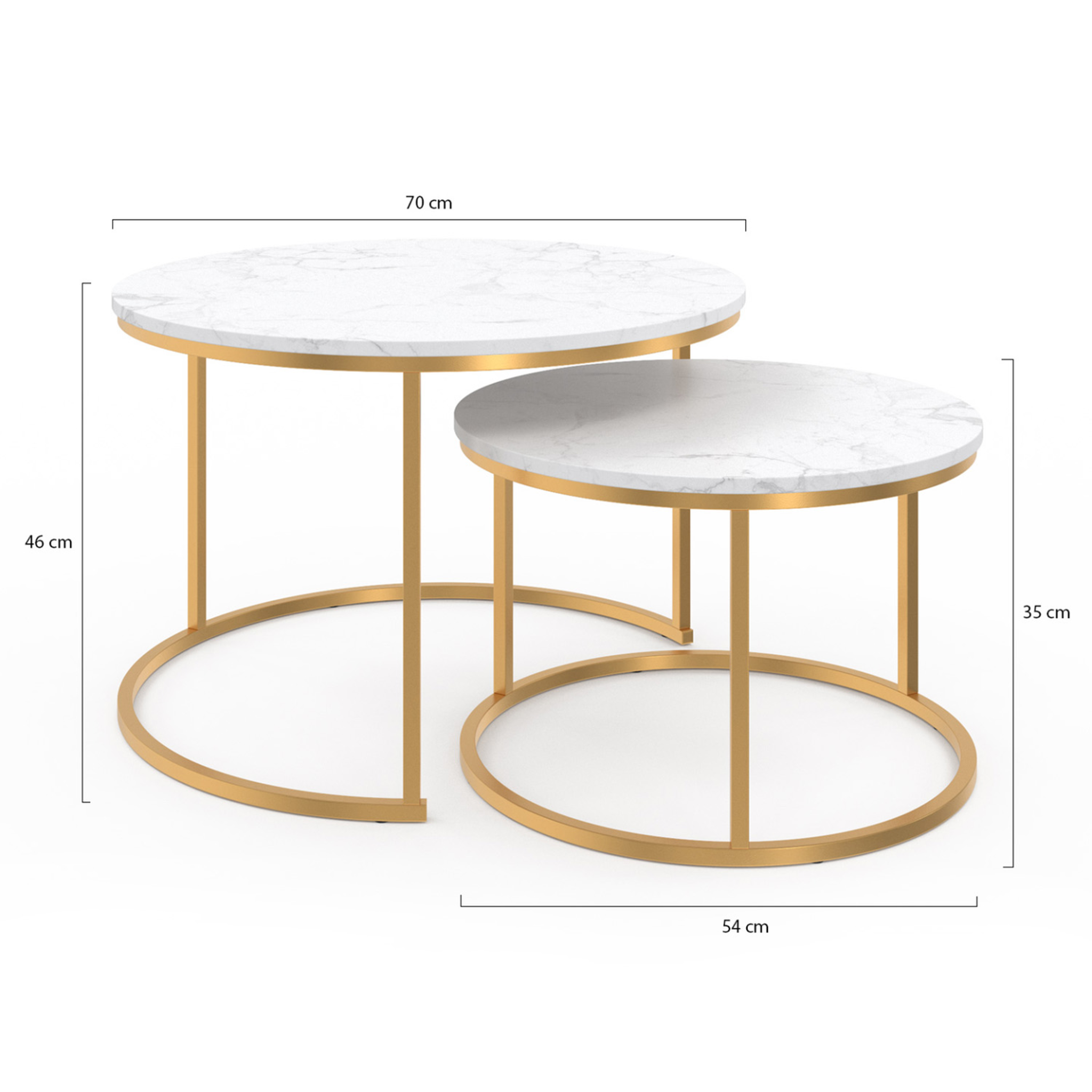 Voir la diapositive 4 : ID MARKET Lot de 2 tables basses gigognes alaska rondes 54/70 effet marbre et pied doré