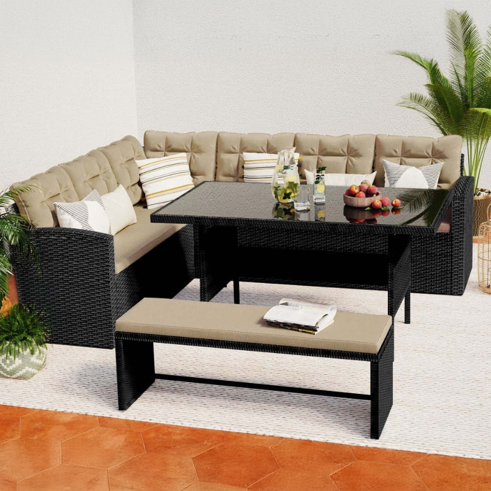 Voir la diapositive 3 : CONCEPT USINE Salon de jardin 8 places résine gris foncé et beige moorea