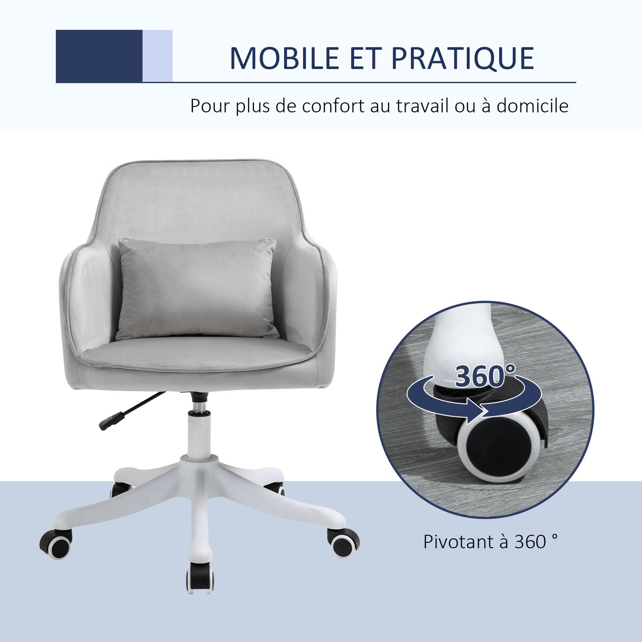 Voir la diapositive 6 : HOMCOM Chaise de bureau velours fauteuil bureau massant coussin lombaire intégré hauteur réglable pivotante 360° gris clair