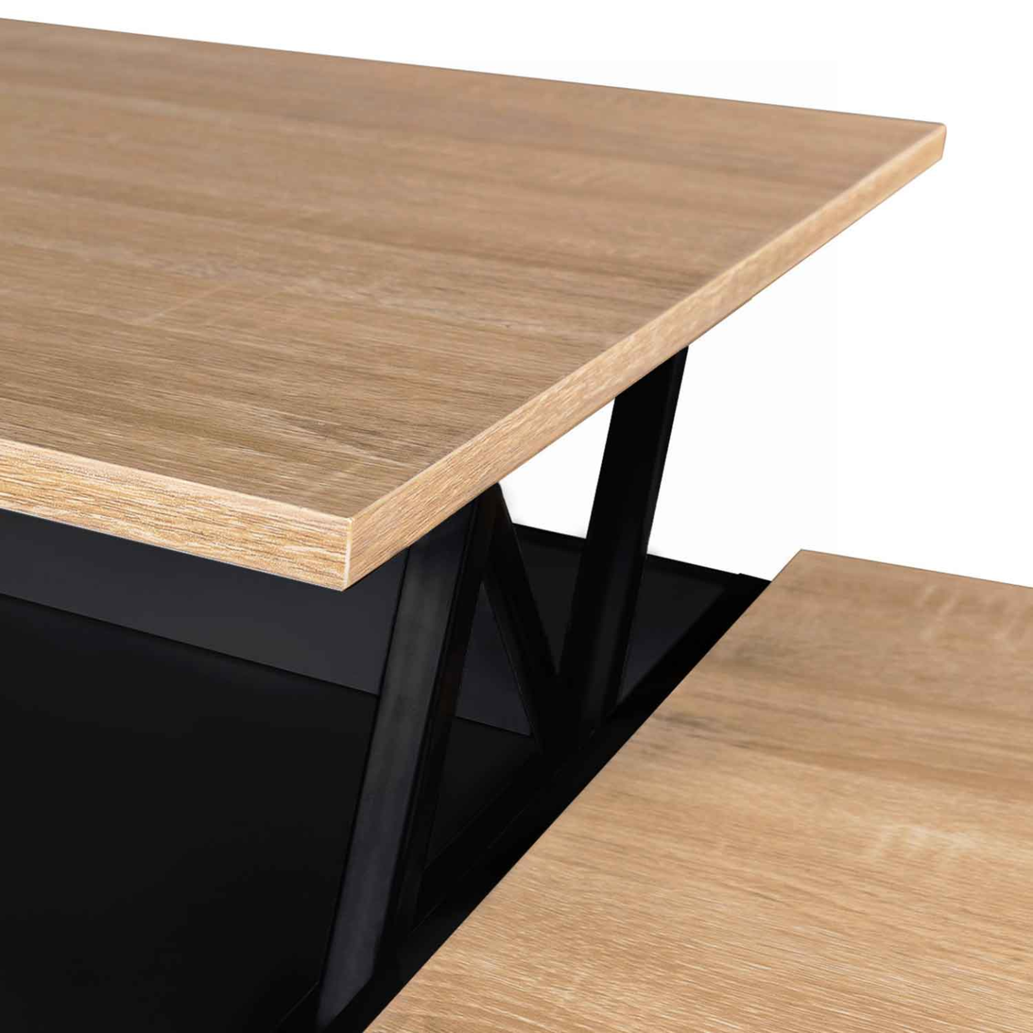 Voir la diapositive 6 : ID MARKET Table basse 2 plateaux relevables rectangulaire elea avec coffre bois noir et façon hêtre