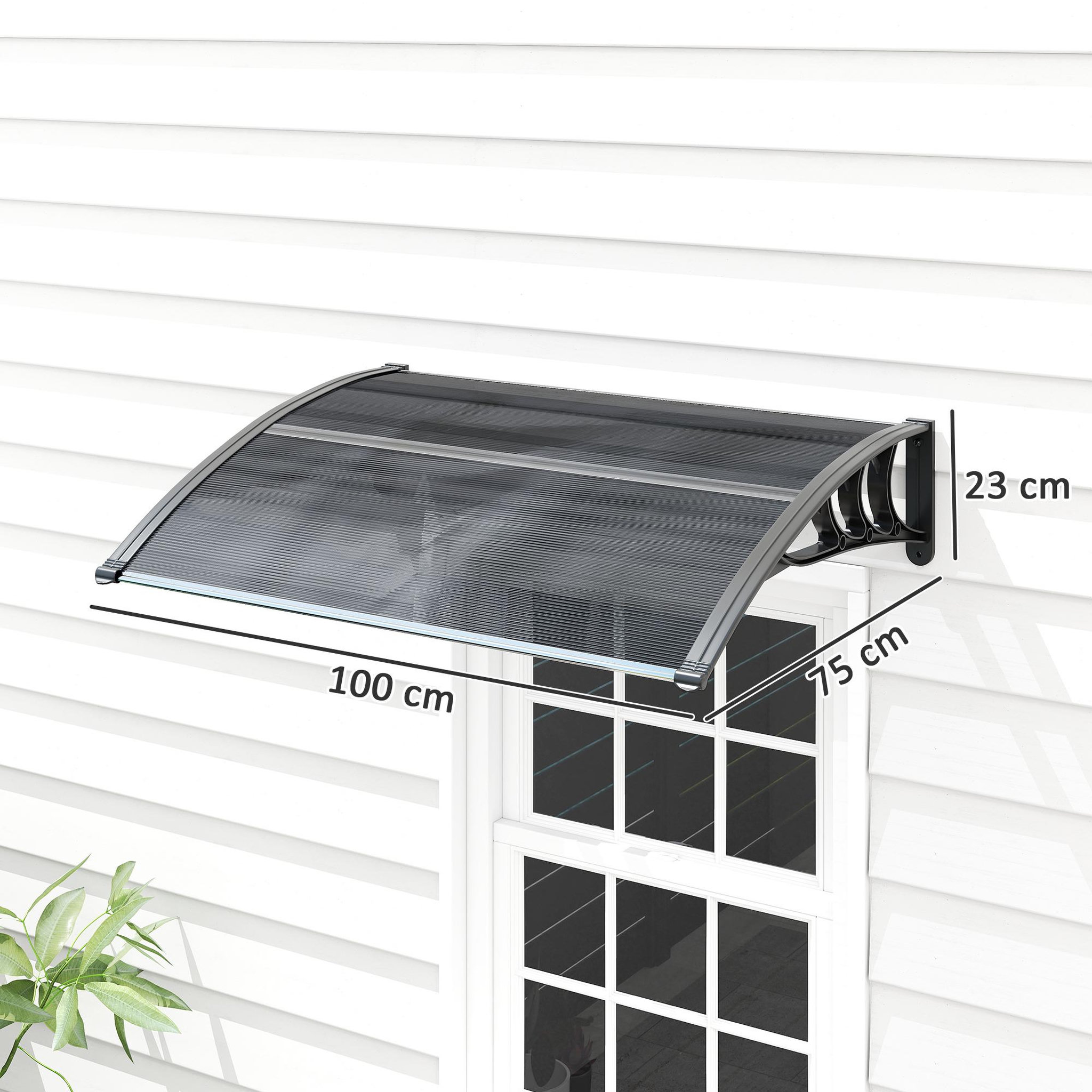 Voir la diapositive 3 : OUTSUNNY Auvent marquise de porte design voûté arrondi dim. 100L x 75l x 23H cm alu polycarbonate fumé plastique noir