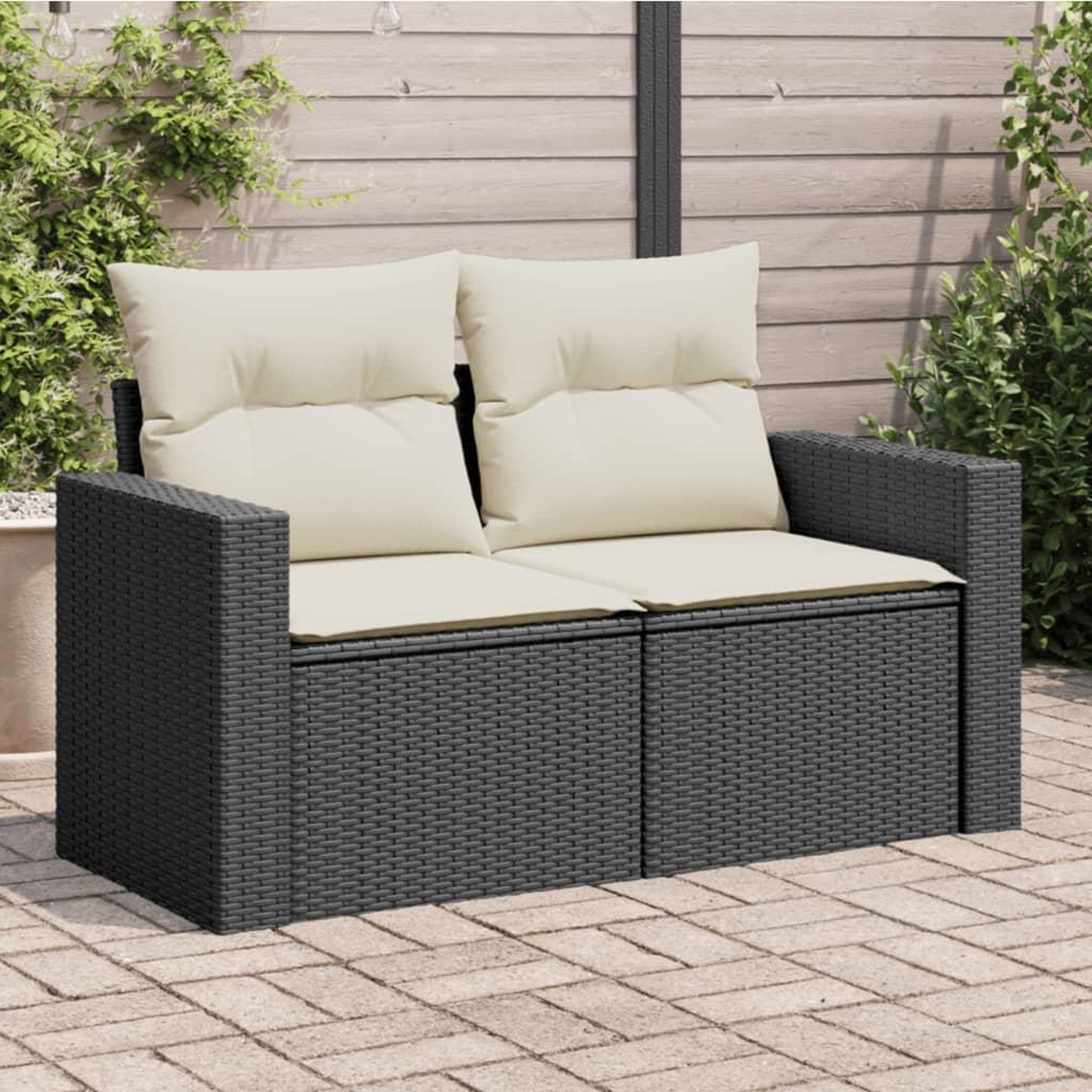 VIDAXL Canape de jardin avec coussins 2 places noir resine tressee