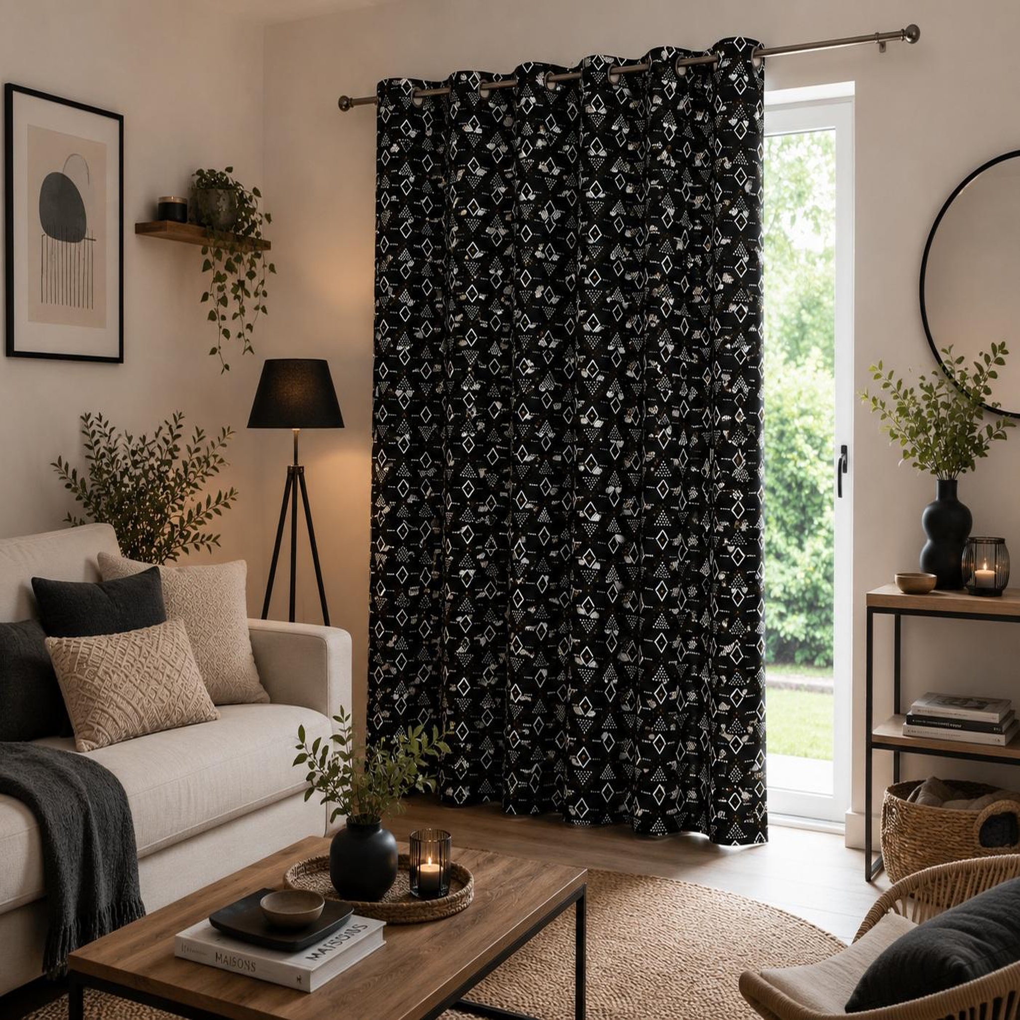 Voir la diapositive 3 : Eden 1 rideau a oeillet 140x240 cm geometrique letiko noir