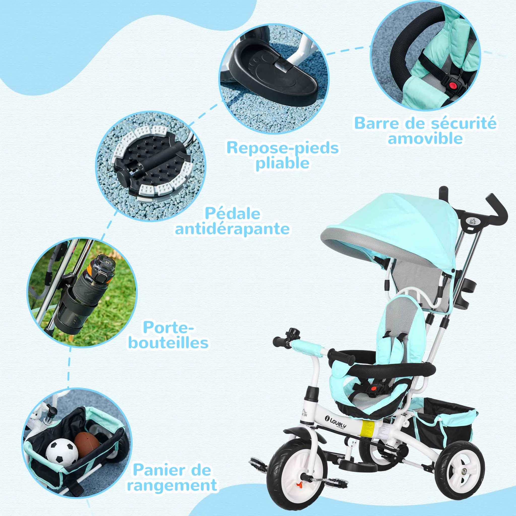 Voir la diapositive 6 : HOMCOM Tricycle enfant évolutif pare-soleil pliable canne télescopique amovible acier bleu turquoise