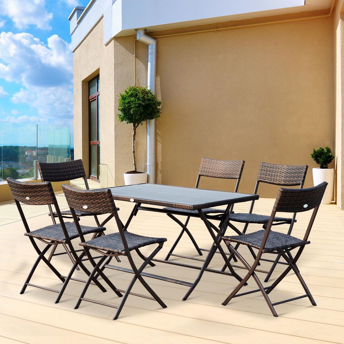 OUTSUNNY Ensemble salon de jardin 6 personnes grande table rectangulaire pliable + 6 chaises pliantes métal résine tressée PS chocolat
