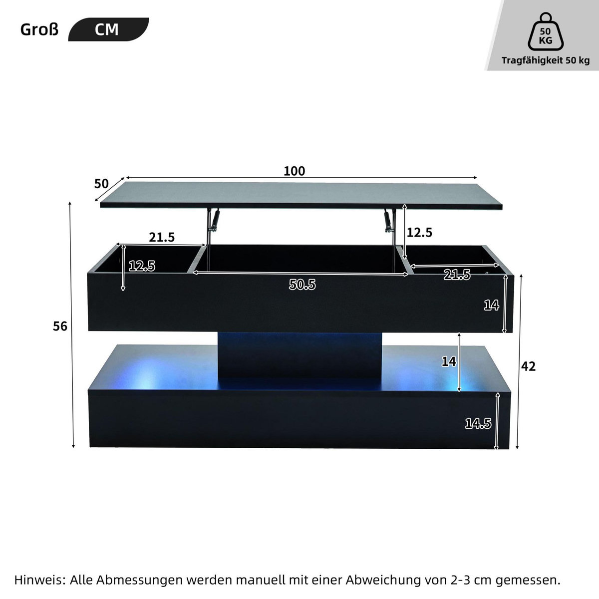 MERAX Table Basse Avec Plateau Relevable Noir