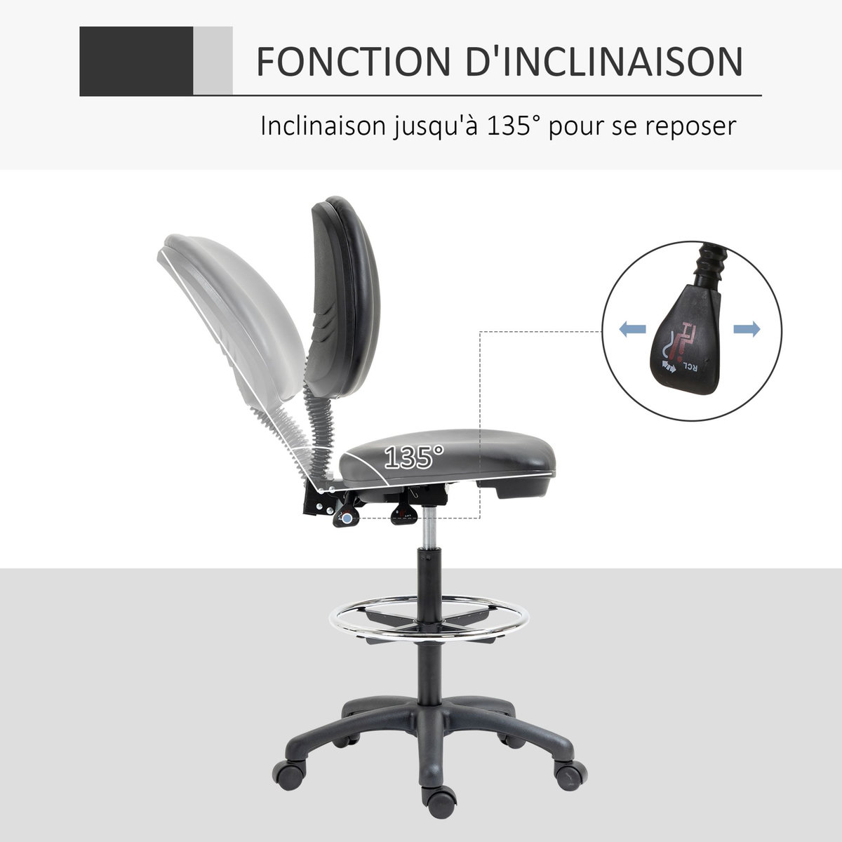 HOMCOM Tabouret à roulettes réglable en hauteur 69-91 cm avec dossier inclinable et repose-pieds réglable
