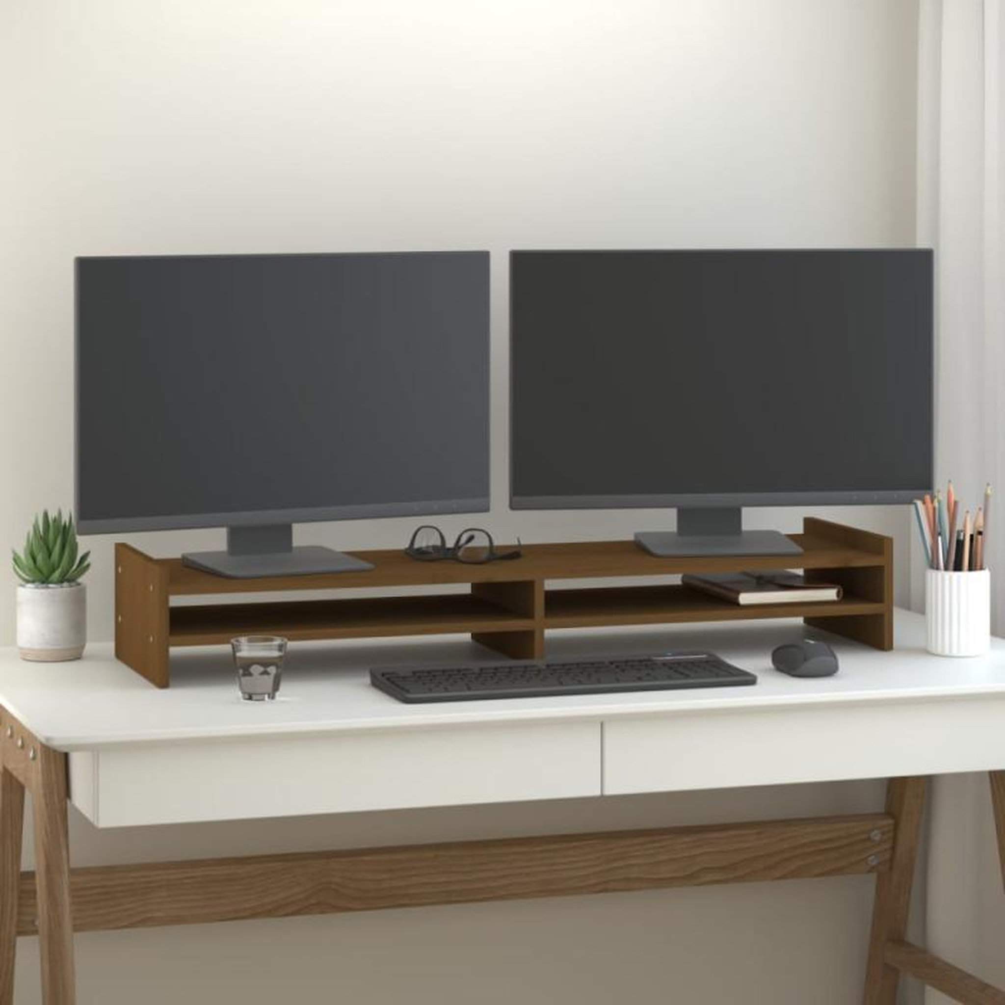 Voir la diapositive 1 : VIDAXL Support de moniteur Marron miel 100x27x15 cm Bois de pin solide