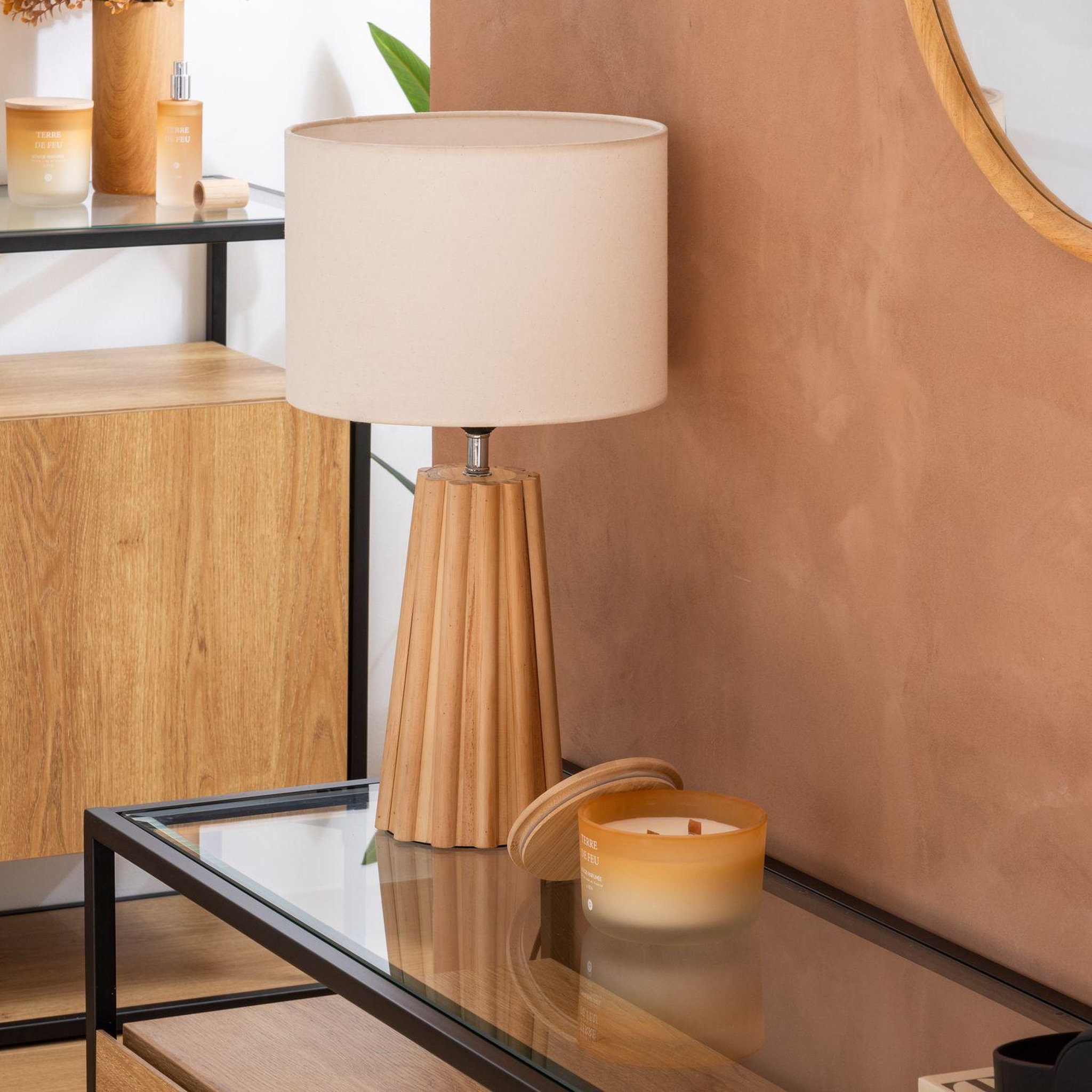 Voir la diapositive 2 : ATMOSPHERA Lampe à poser en bois adon - h. 53 cm - beige