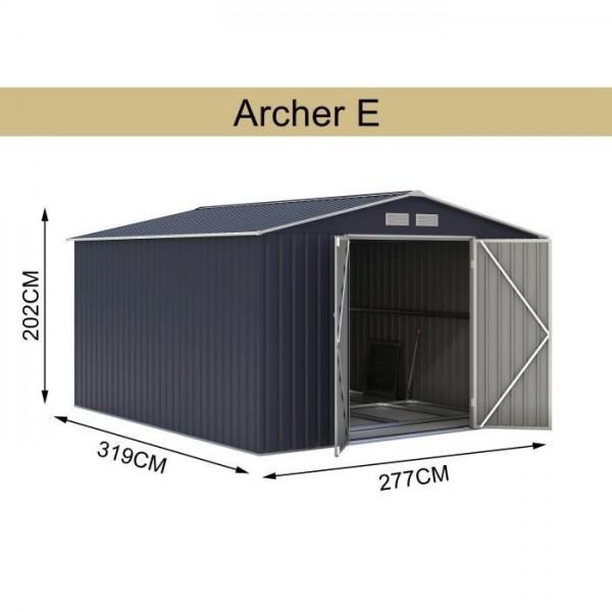 Voir la diapositive 3 : MARKET24 VELASCO Abri de jardin en métal 8,84 m² - 277 x 319 x 202 cm - Kit d'ancrage inclus, 2 portes battantes - Gris