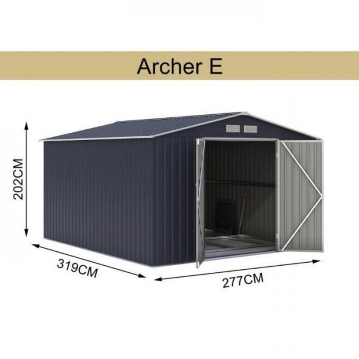 MARKET24 VELASCO Abri de jardin en métal 8,84 m² - 277 x 319 x 202 cm - Kit d'ancrage inclus, 2 portes battantes - Gris