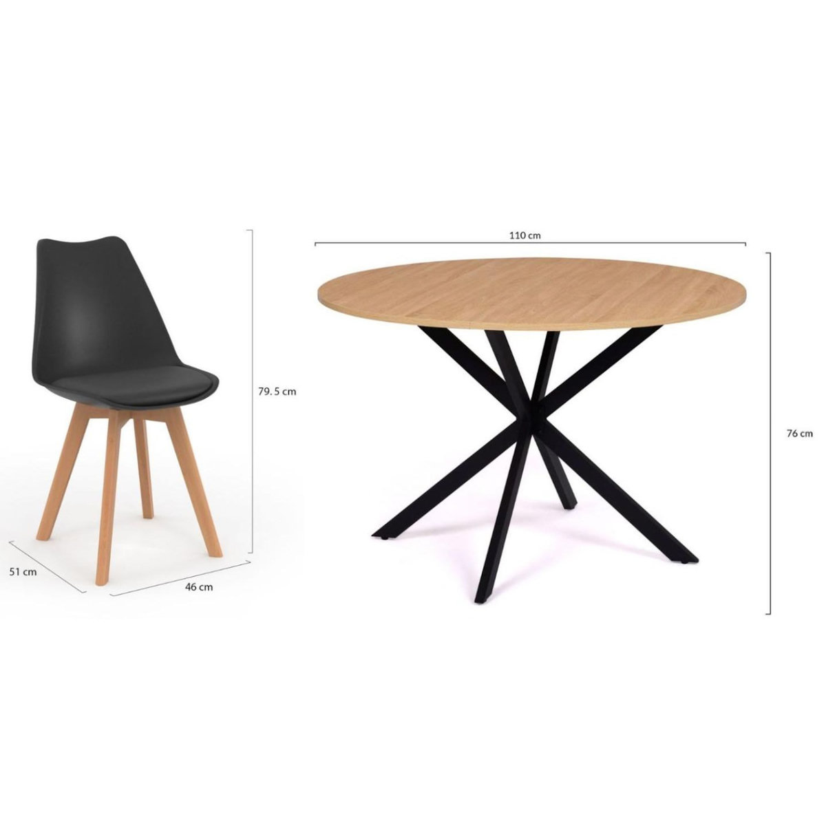 ID MARKET Ensemble table à manger ronde ALIX 110 cm bois et noir et 4 chaises SARA noires