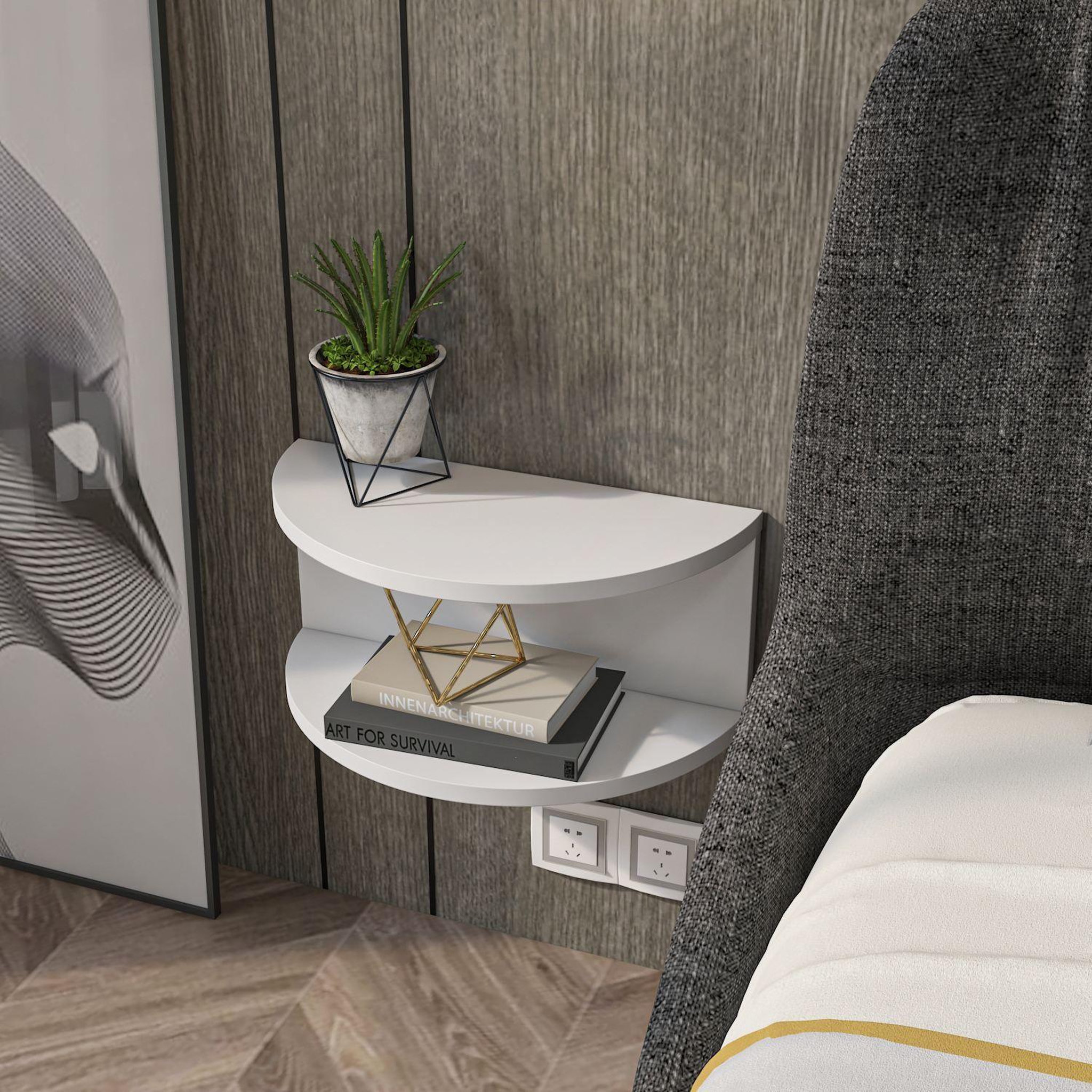 Voir la diapositive 4 : TOILINUX Table de chevet suspendue forme demi lune CAMELIA - Blanc