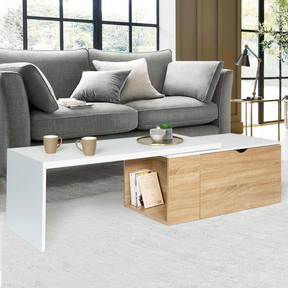 ID MARKET Table basse rotative bois et blanc 360° LIZZI extensible avec coffre