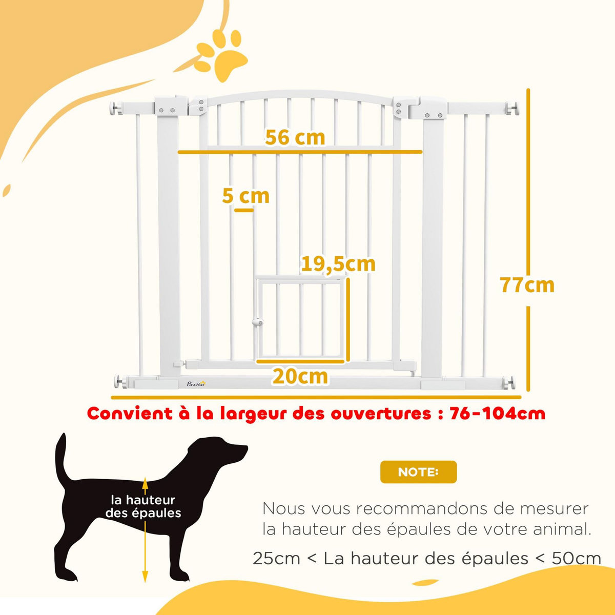 PAWHUT Barrière de sécurité pour chien - barrière à pression ajustable - 2 portes verrouillables - acier blanc