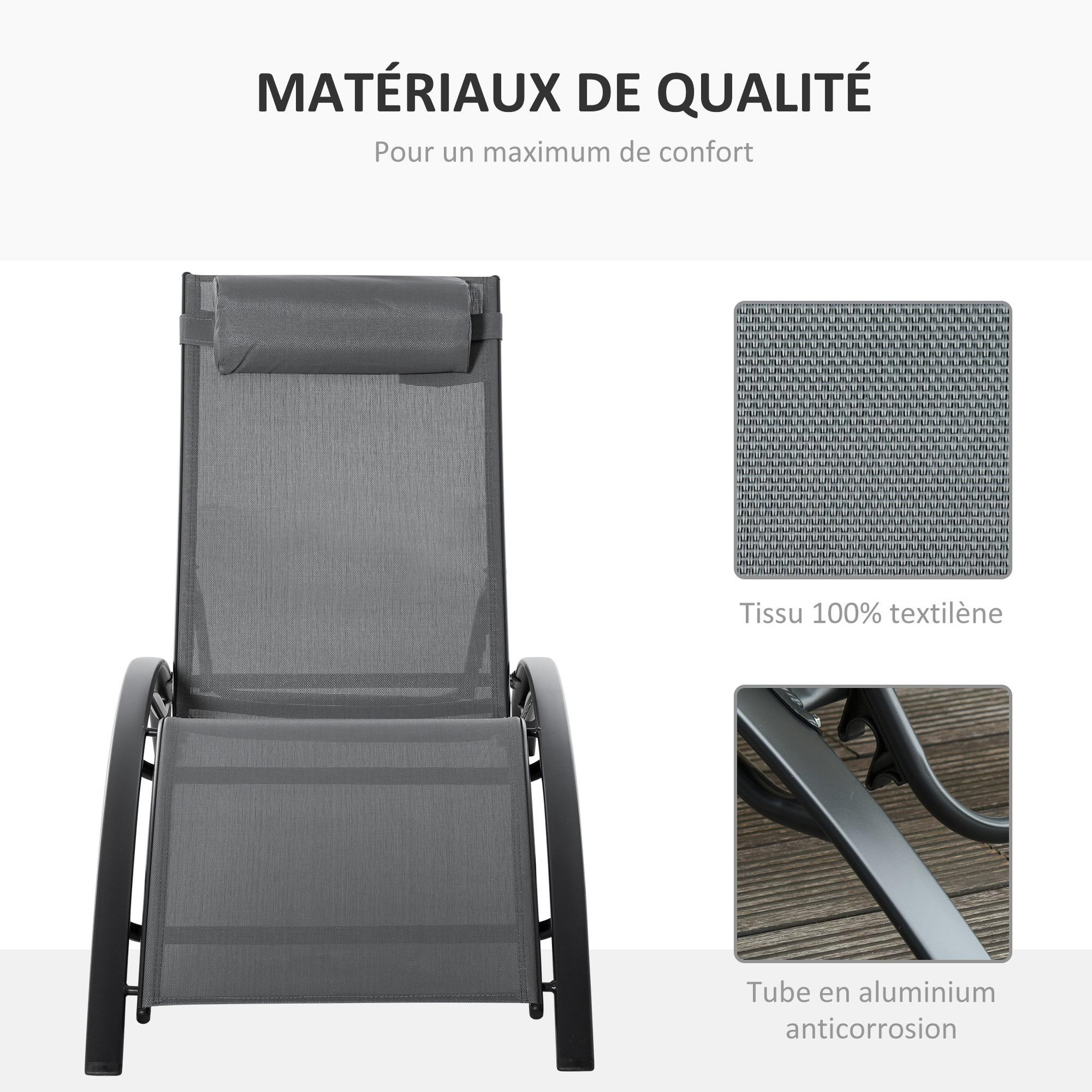 Voir la diapositive 6 : OUTSUNNY Bain de soleil transat design contemporain inclinable multi-positions tétière amovible incluse alu textilène gris