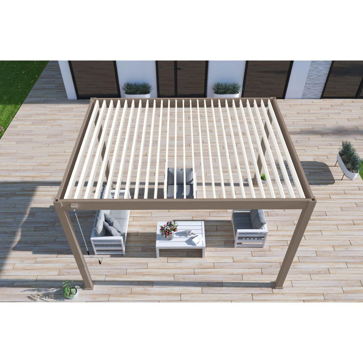 Pergola Bioclimatique autoportée 3x4 m - Aluminium - Taupe/blanc -  VS OmBREA®