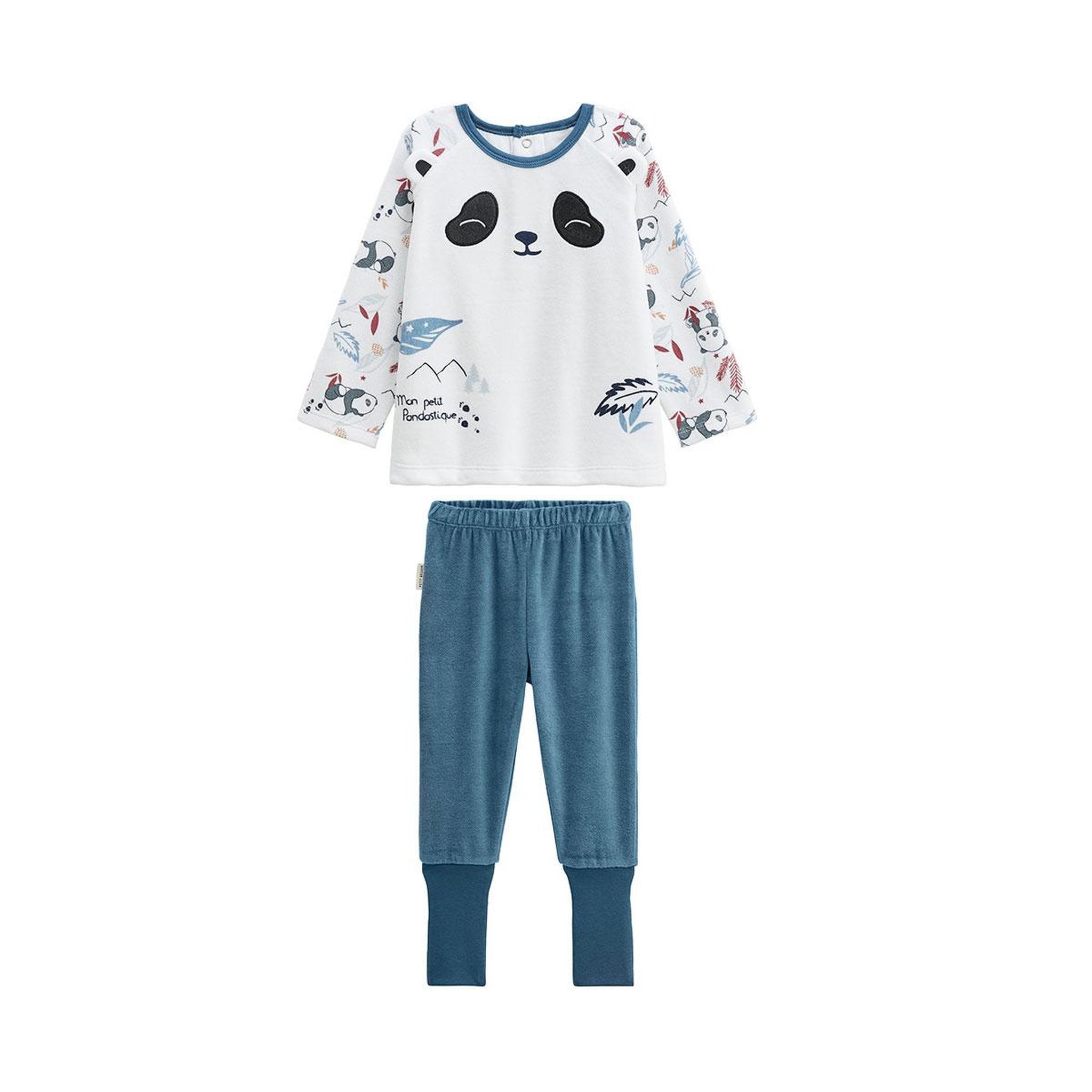 Petit Béguin Pyjama enfant 2 pièces en velours avec pieds retroussables Tao. Coloris disponibles : Bleu