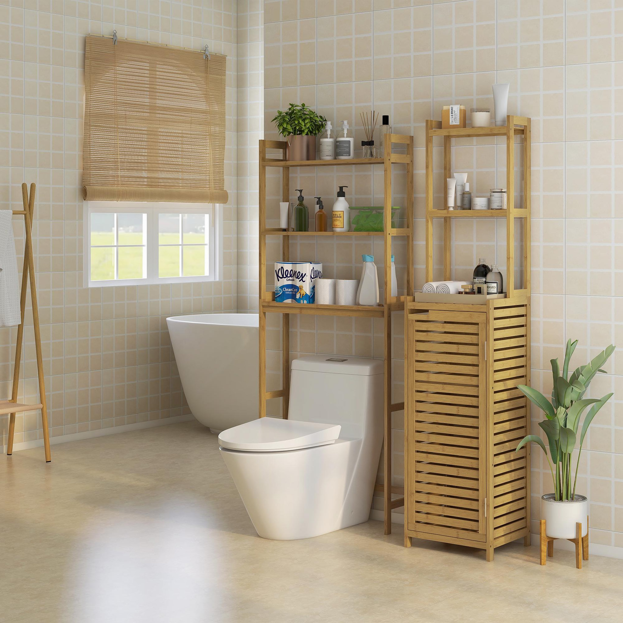 Voir la diapositive 2 : HOMCOM Meuble colonne salle de bain style naturel porte niche 4 étagères bambou
