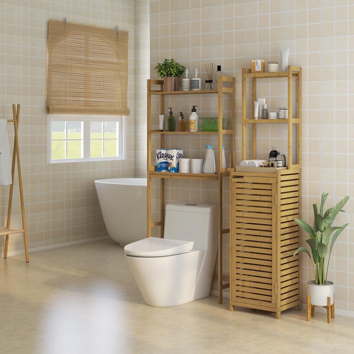 HOMCOM Meuble colonne salle de bain style naturel porte niche 4 étagères bambou
