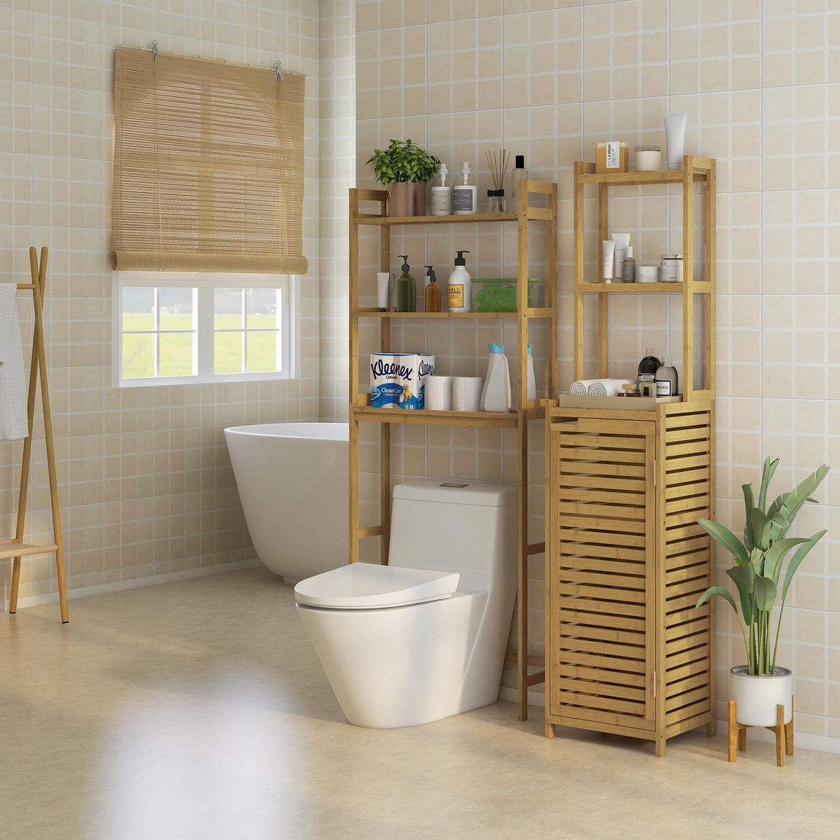 HOMCOM Meuble colonne salle de bain style naturel porte niche 4 étagères bambou