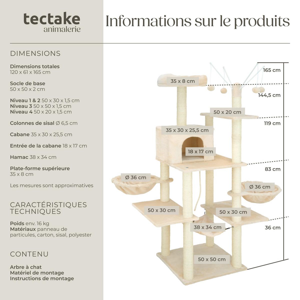 tectake Arbre à chat 165 cm avec griffoir et plateforme d'escalade beige