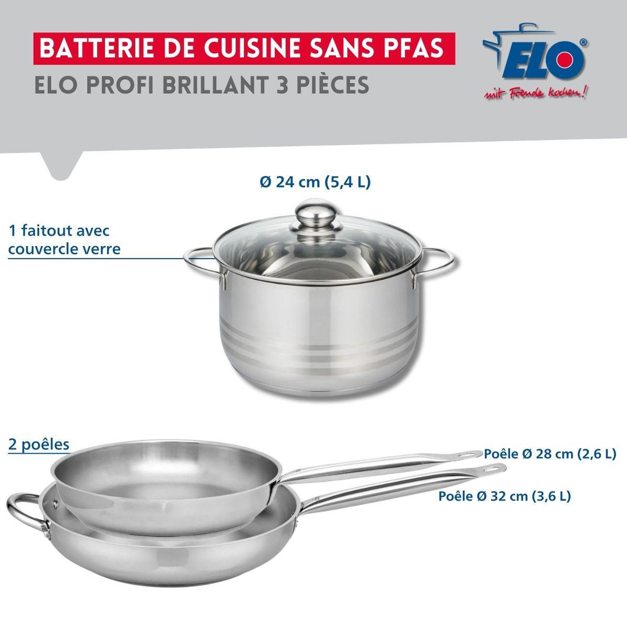 Voir la diapositive 2 : ELO Ensemble de 2 poêles de cuisson 28 et 32 cm et 1 faitout 24 cm elo profi brillant